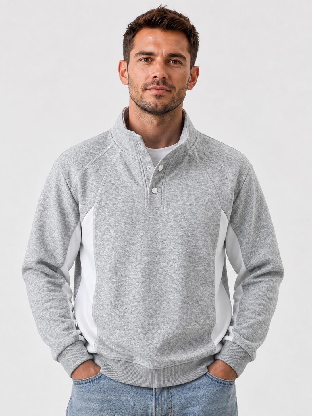 Unisex Color Block Half High Neck Loose Casual Long Sleeve Sweatshirt