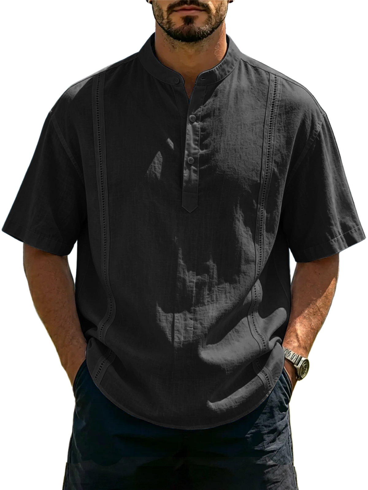 Men's Cotton Linen Henley Collar Solid Color Cuban Guayabera Short-Sleeve Shirt
