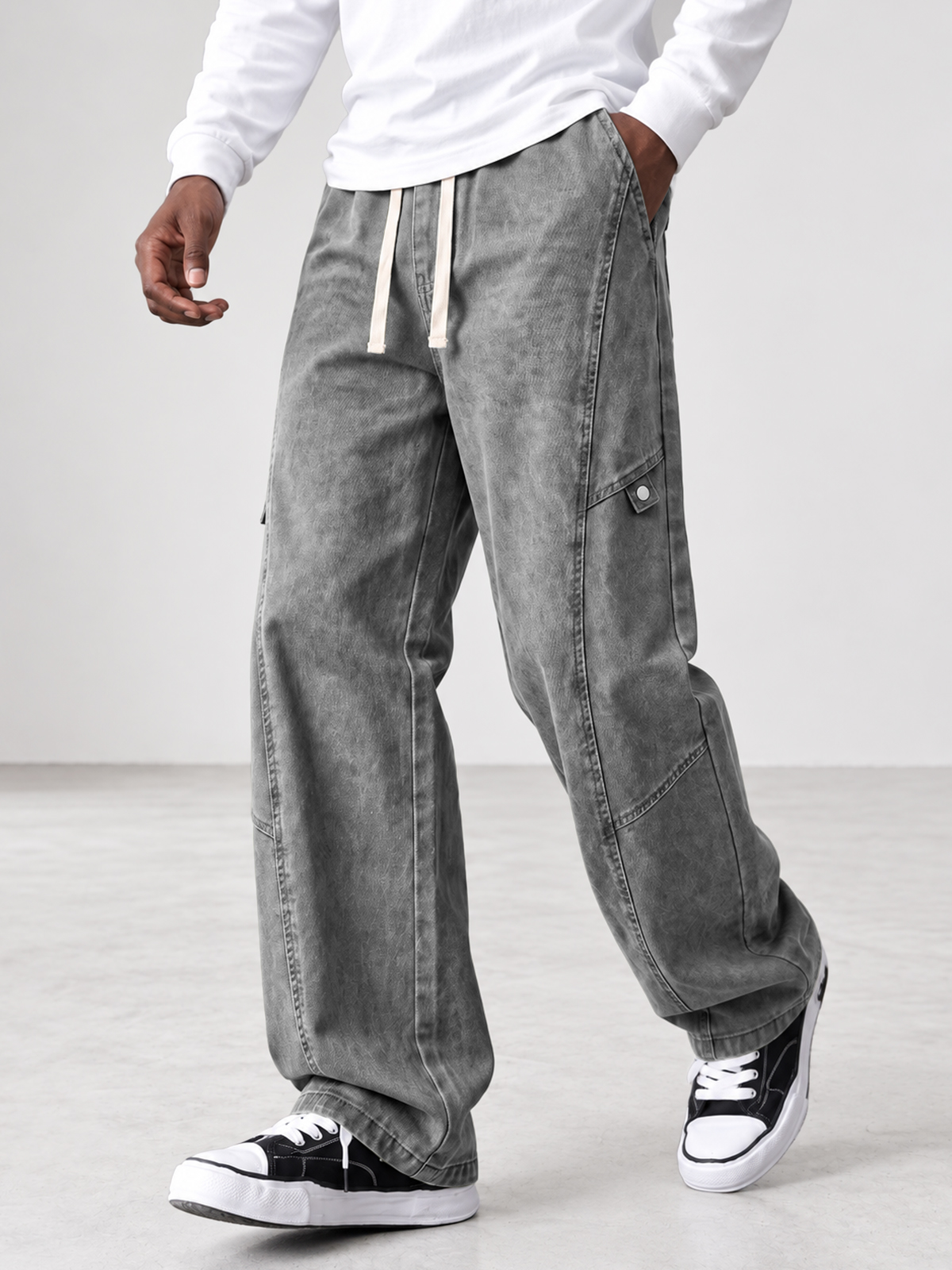 Men's 100% Cotton Vintage-Washed Straight-Leg Pants with Seam Detailing