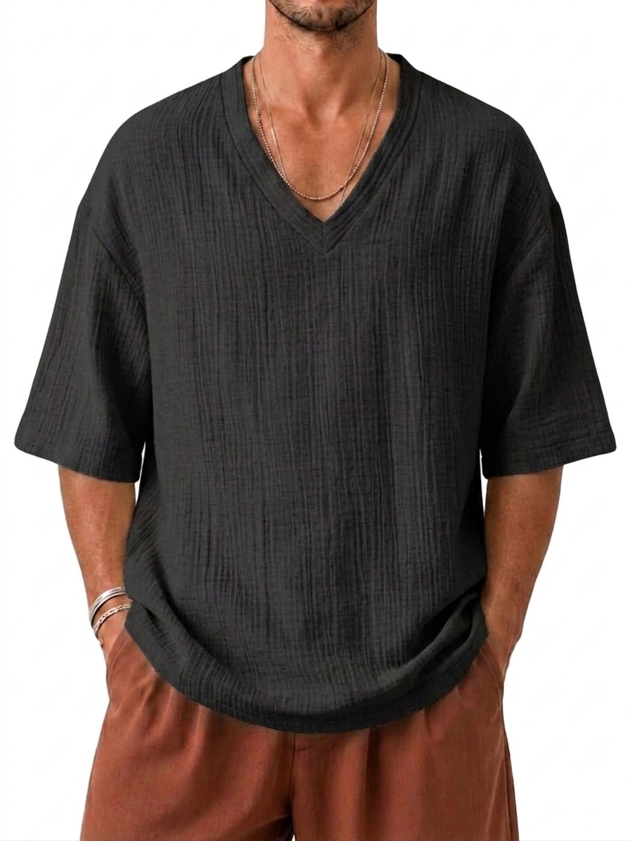 V-Neck Cotton Linen Textured Loose Fit Casual Short Sleeve Top
