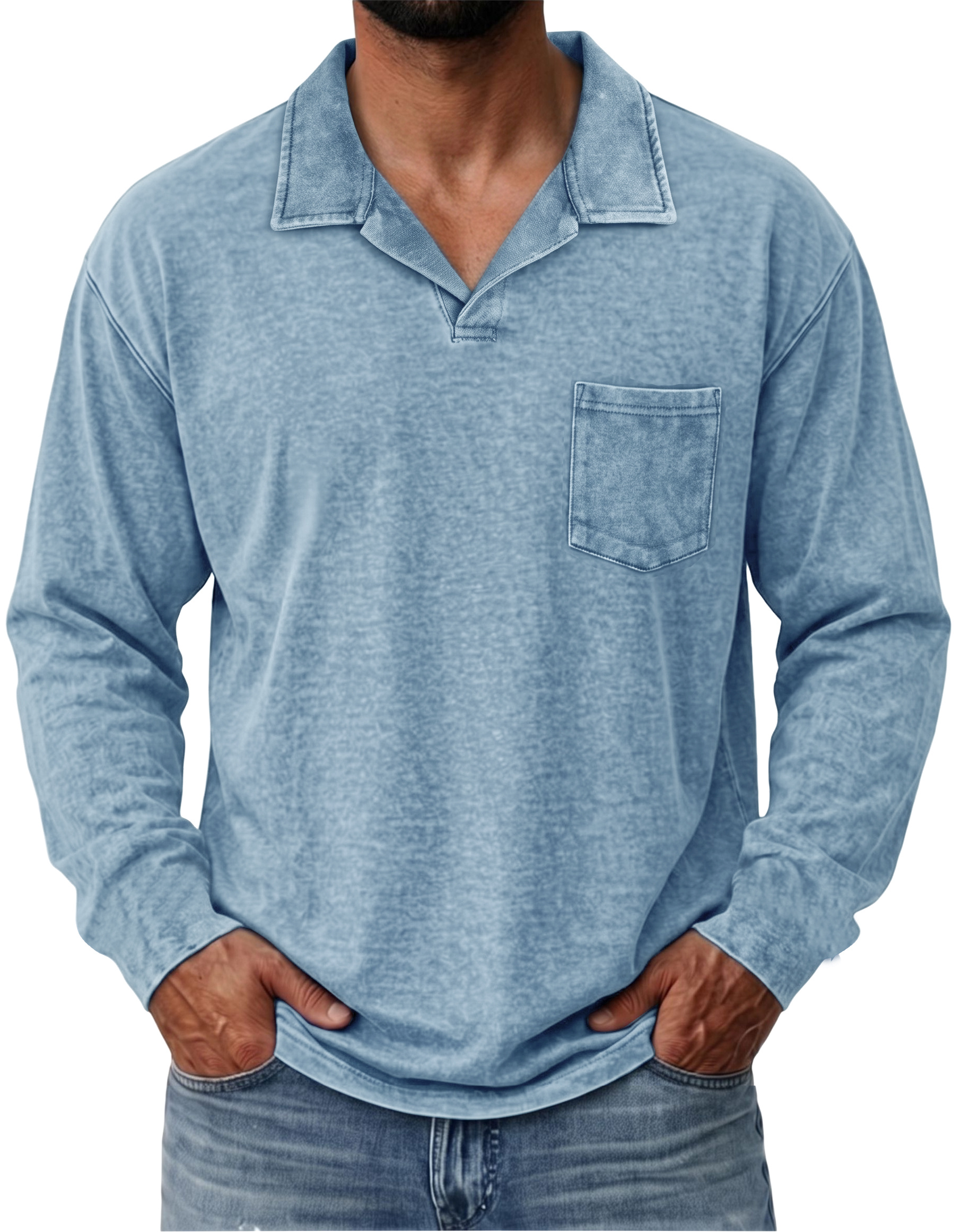 100% Cotton Vintage Washed Collared Pocket Pullover Long Sleeve Polo Shirt