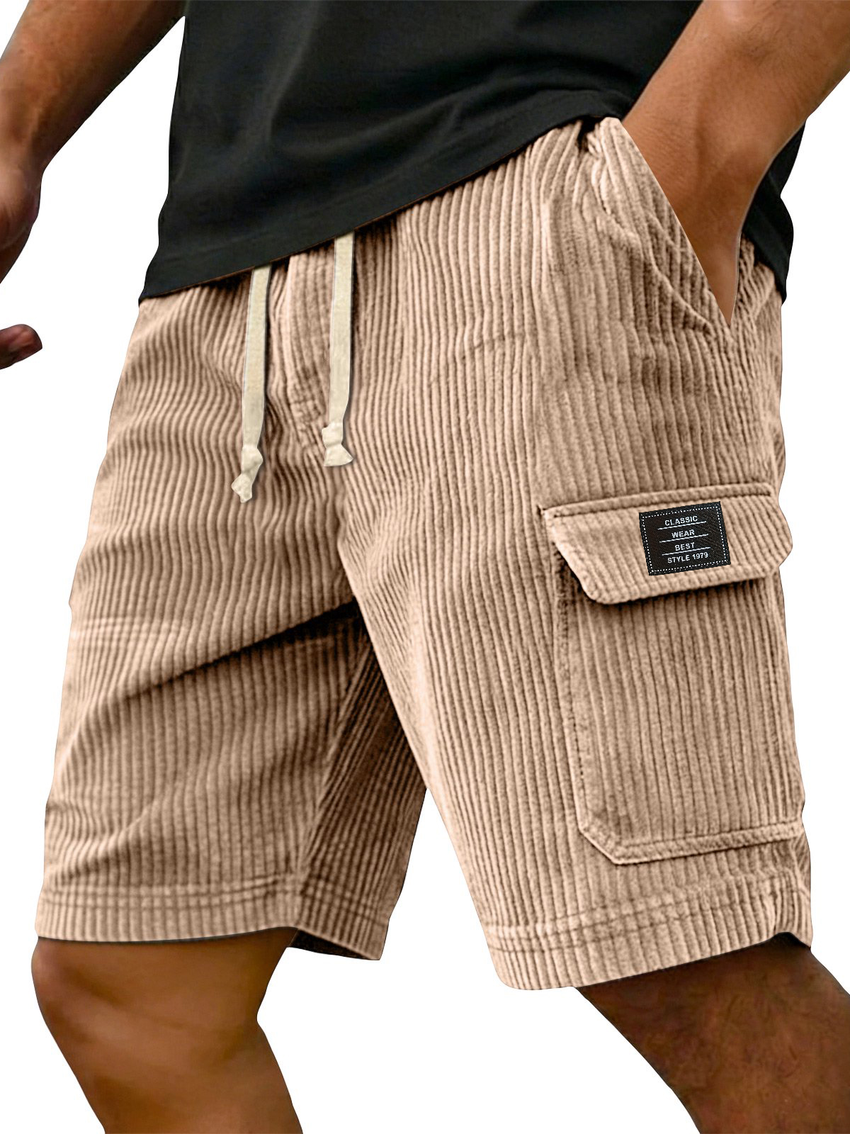 Men's Retro Embroidered Logo Corduroy Multi Pocket Cargo Shorts
