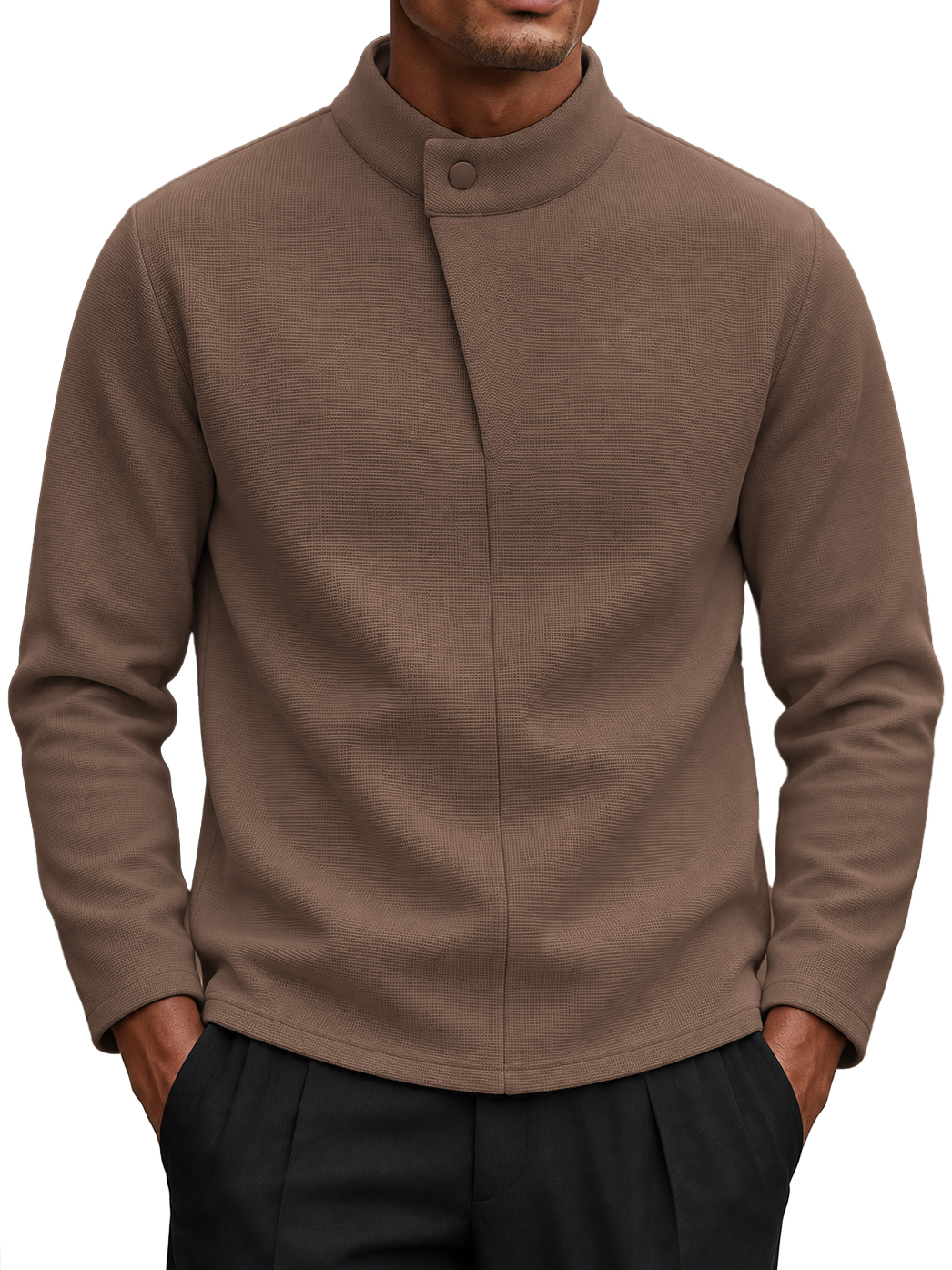 Men's New Autumn and Winter One-Button Semi-High Neck Long Sleeve T-Shirt