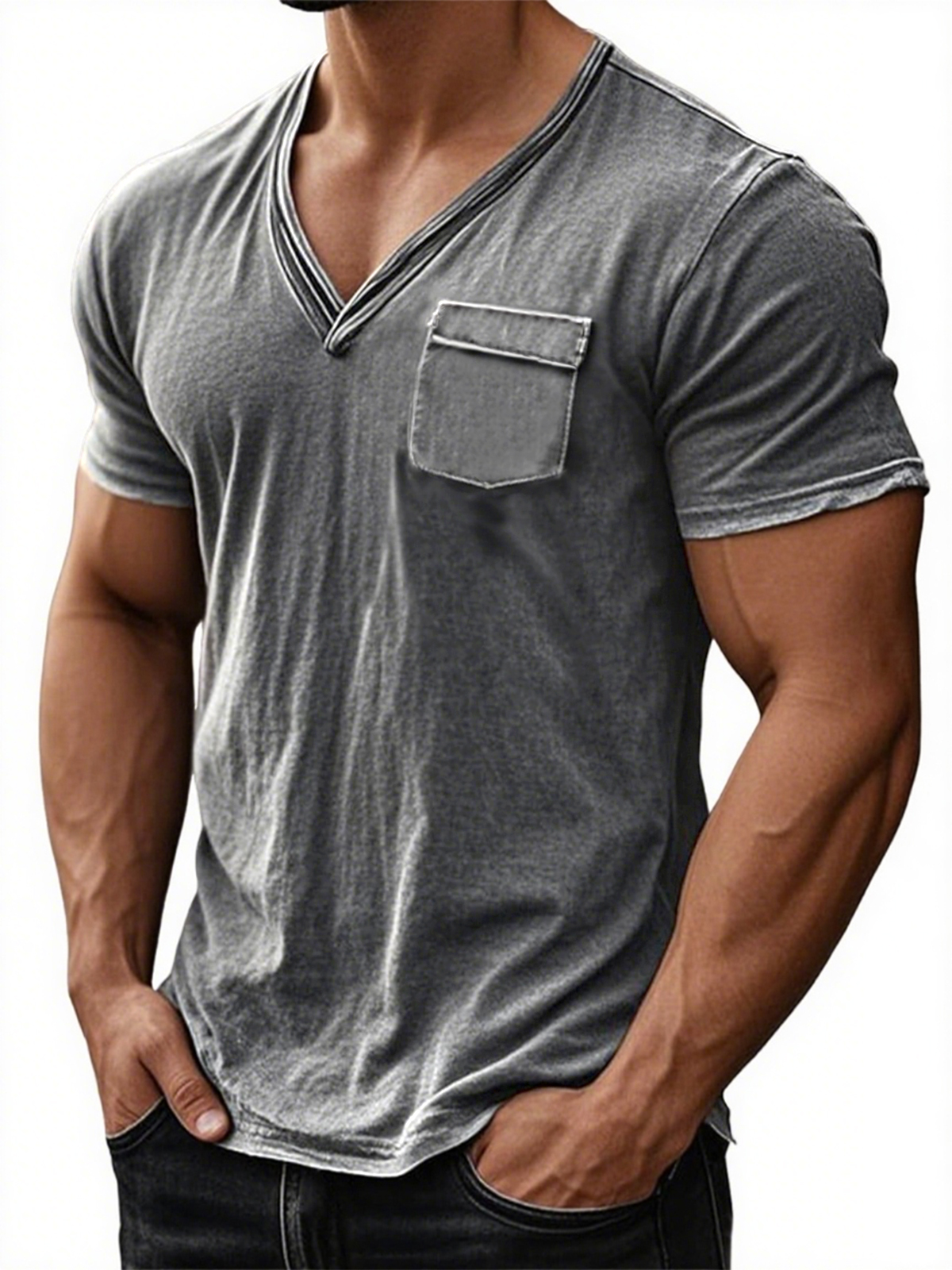 Men's Stylish Distressed V-neck Skin-friendly Everyday Short-sleeved T-shirt with Chest Pocket