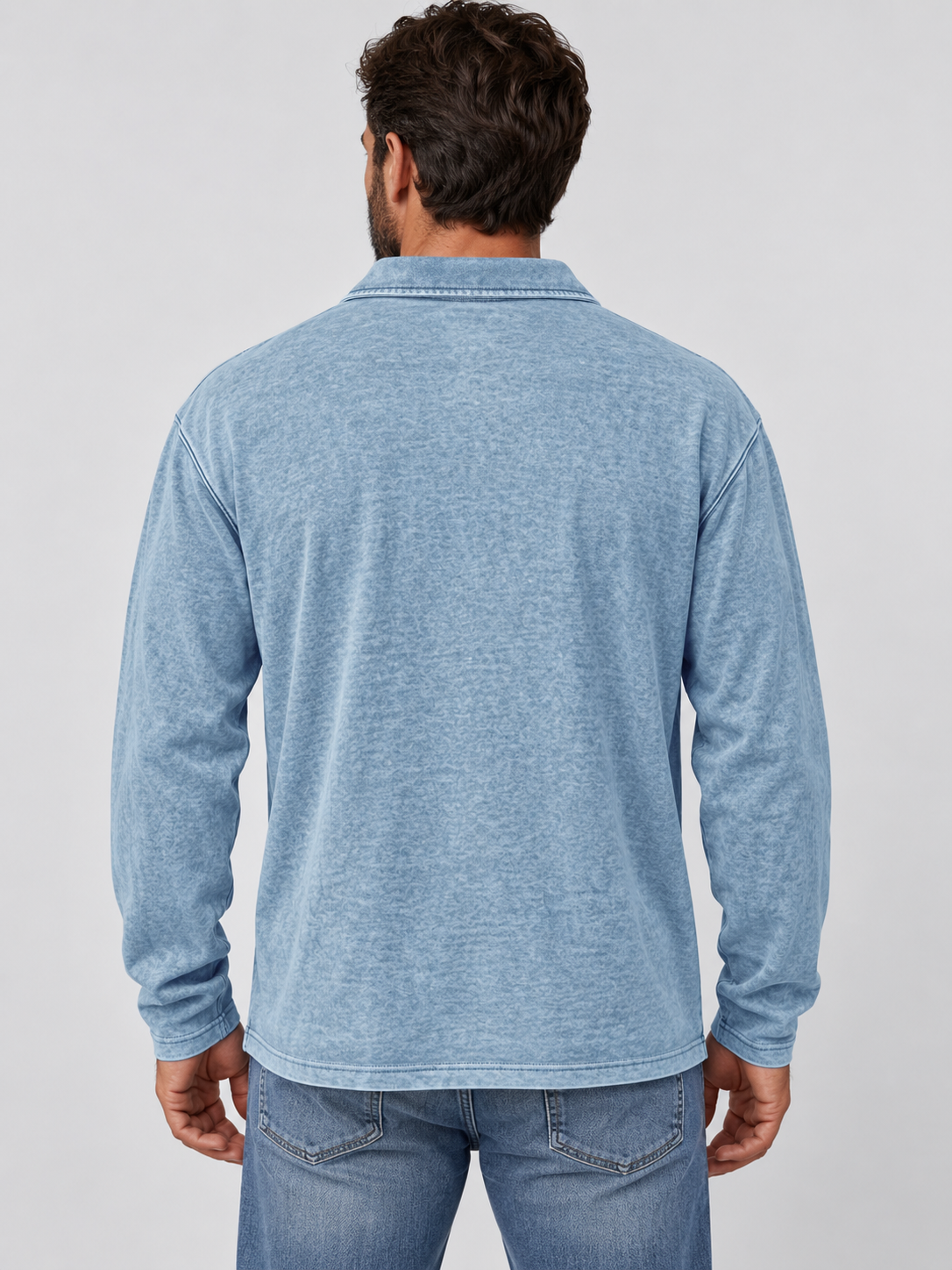 100% Cotton Vintage Washed Collared Pocket Pullover Long Sleeve Polo Shirt