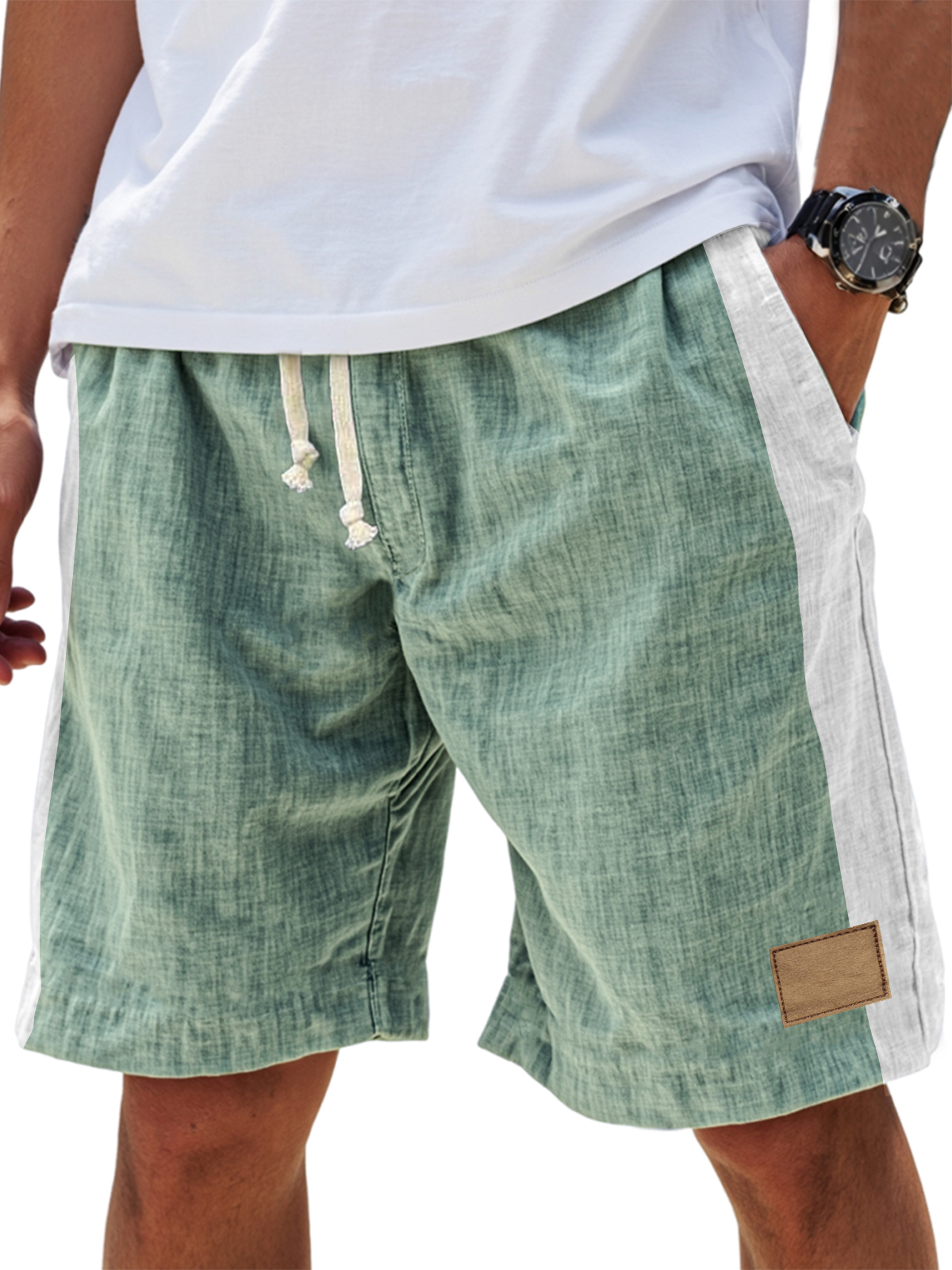 Men's Casual Breathable Linen Embroidered Logo Loose Fitting Vacation Color Blocked Shorts