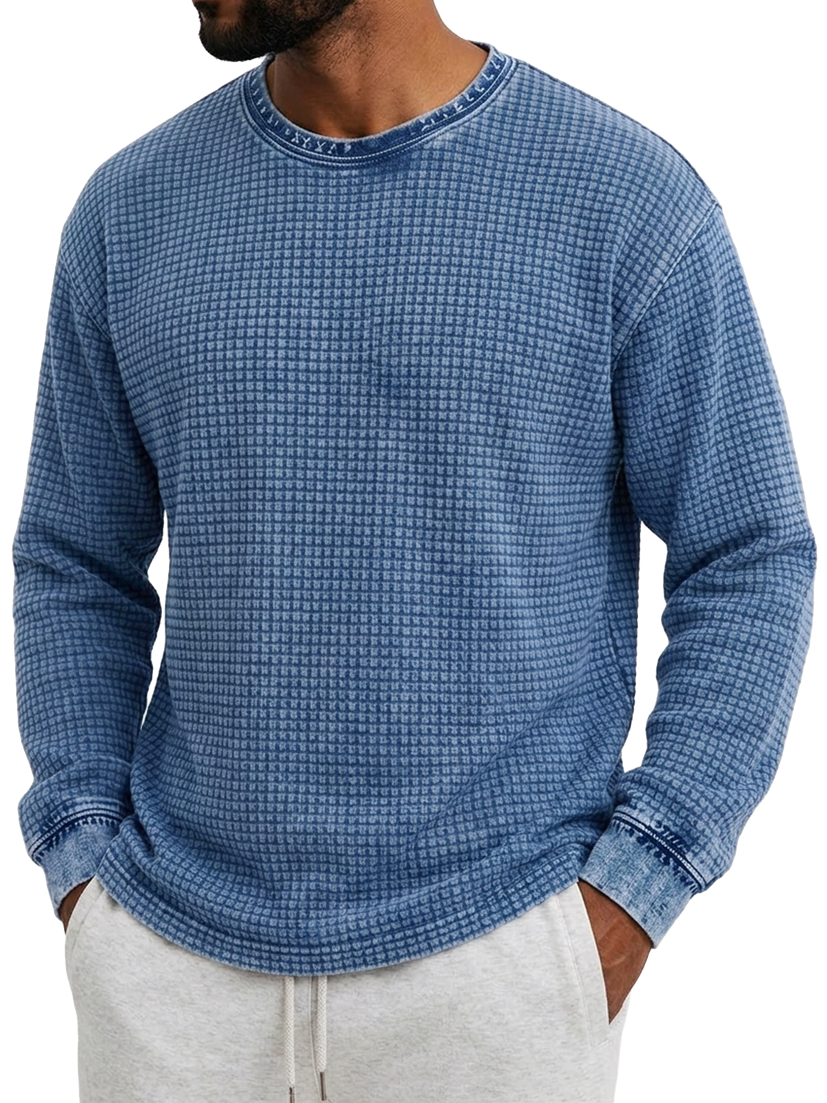 Men's Retro Distressed Waffle Knit Crew Neck Long-Sleeve T-Shirt