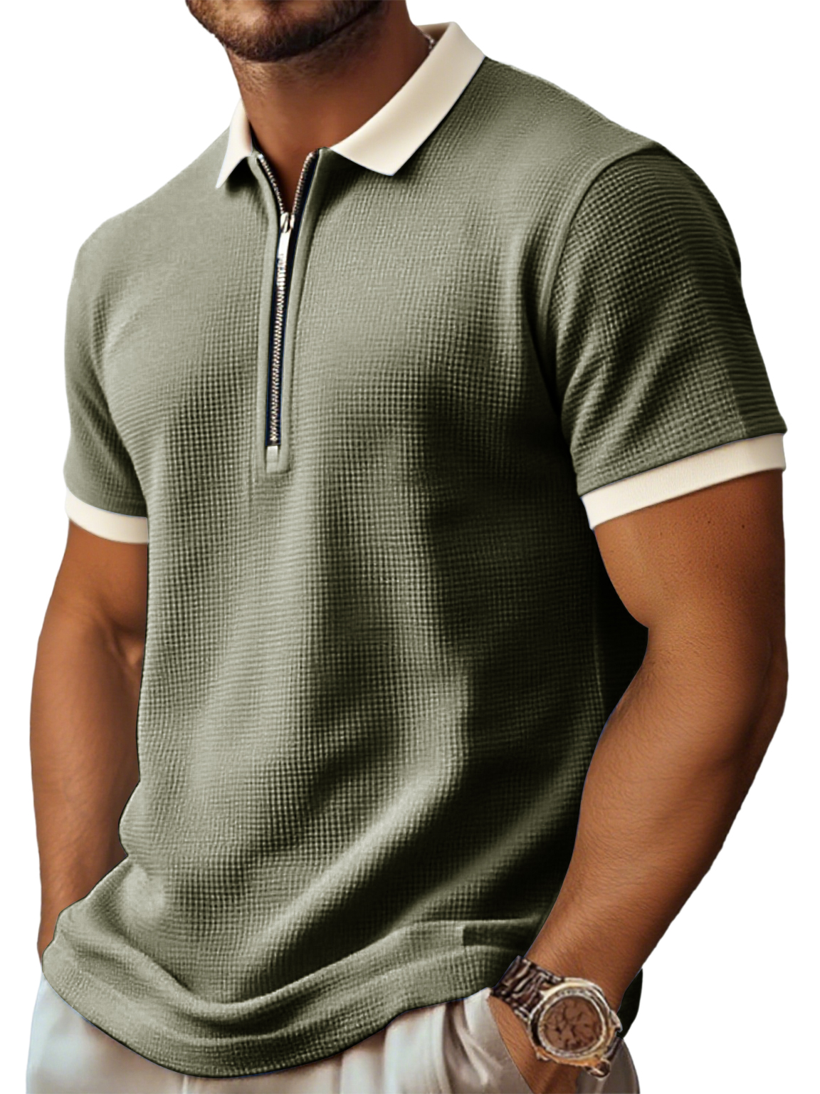Men's Retro And Stylish Waffle Fabric With A Contrasting Zip-up Polo Shirt