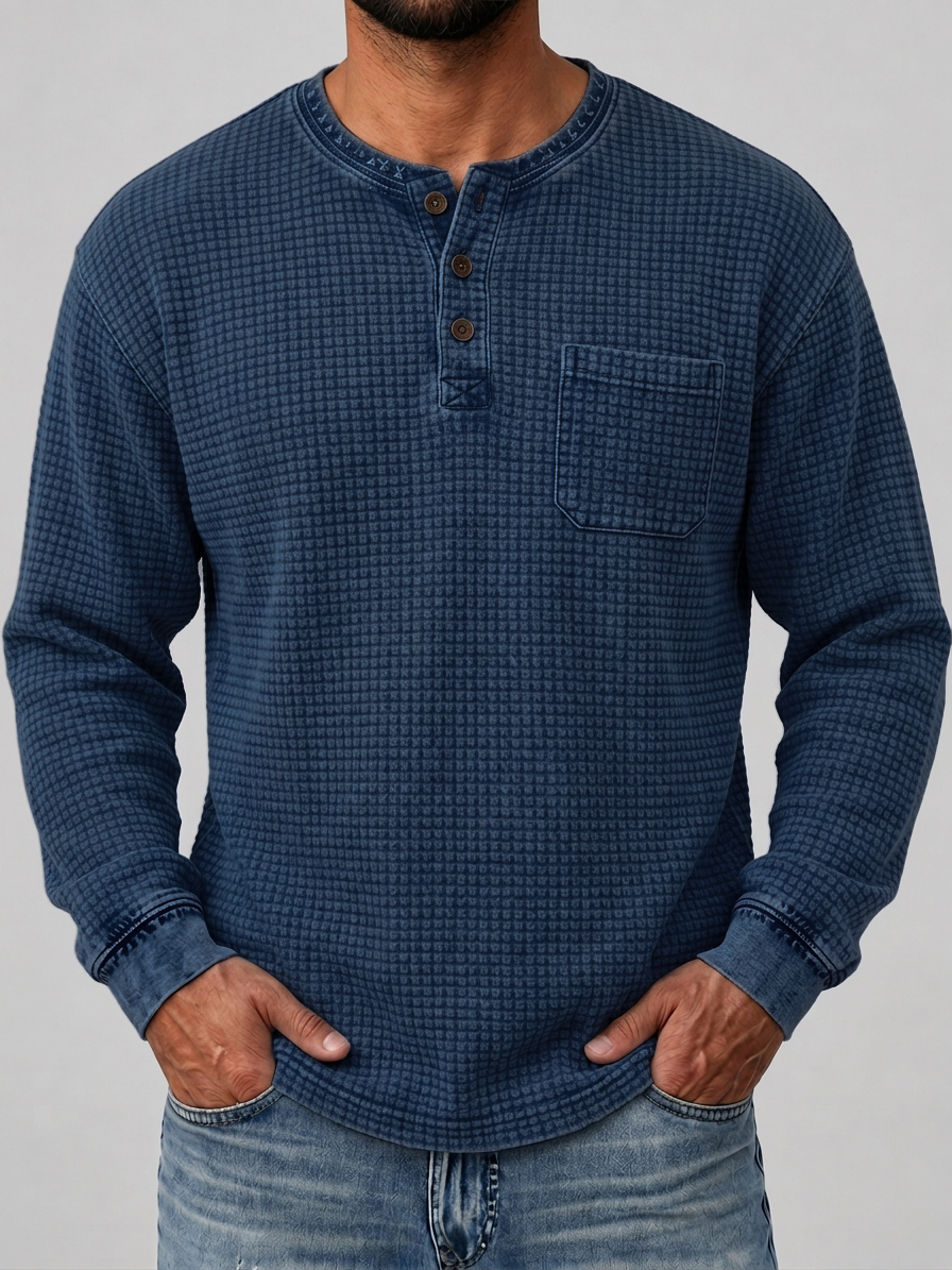 Men's Retro Distressed Waffle Knit Henley Shirt