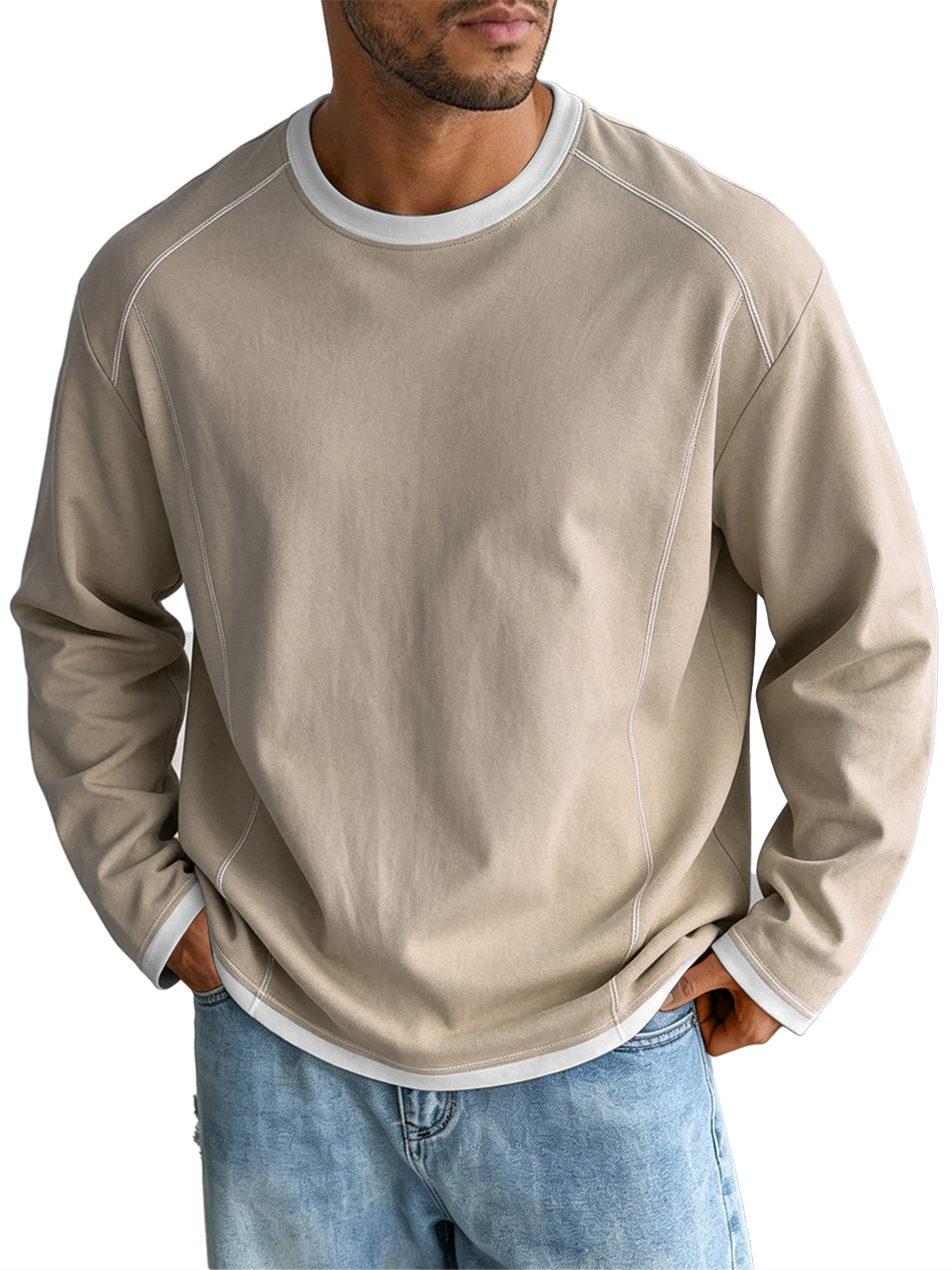 Casual Color Block Crew Neck Long Sleeve T-shirts