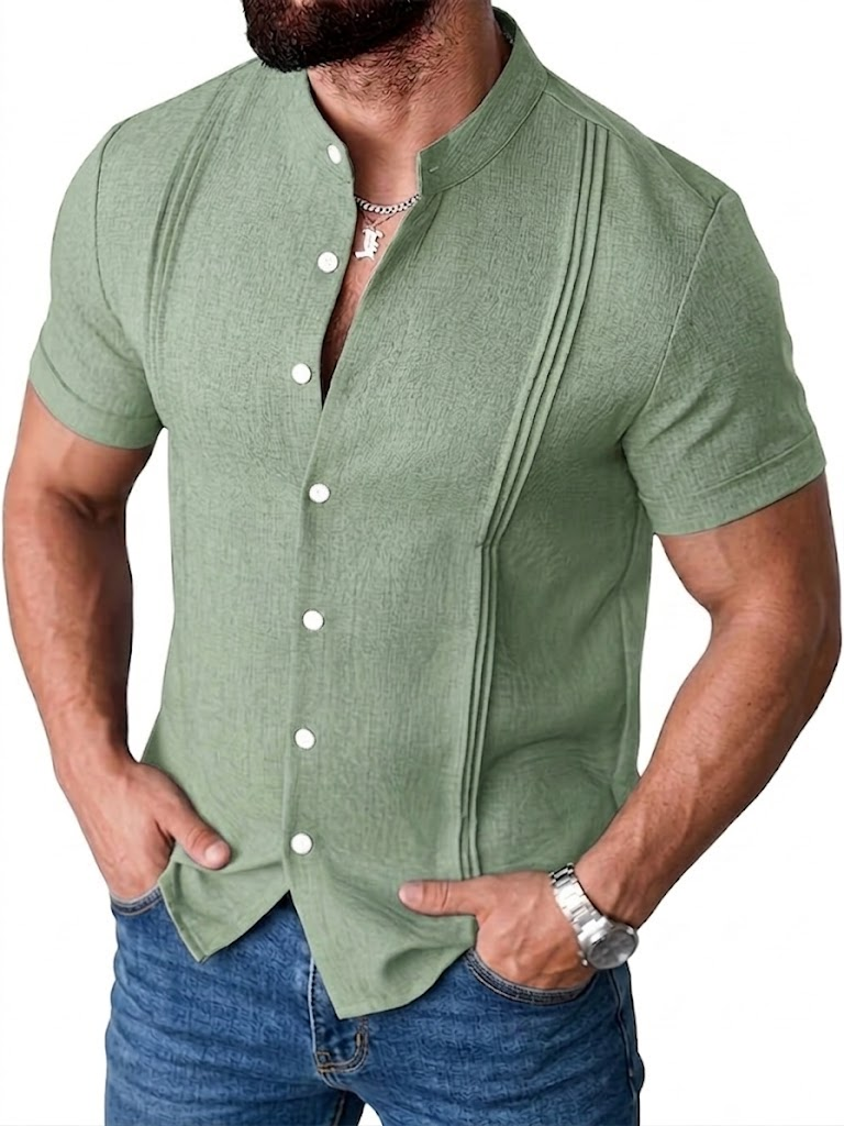 Men's Cotton and Linen Deconstructed Stand-up Collar Shirt