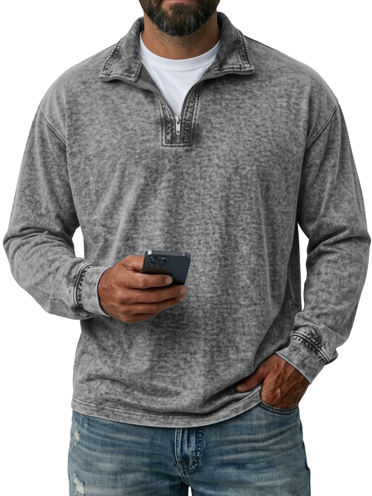 Men's Quarter-Zip Washed Distressed Long Sleeve T-Shirt