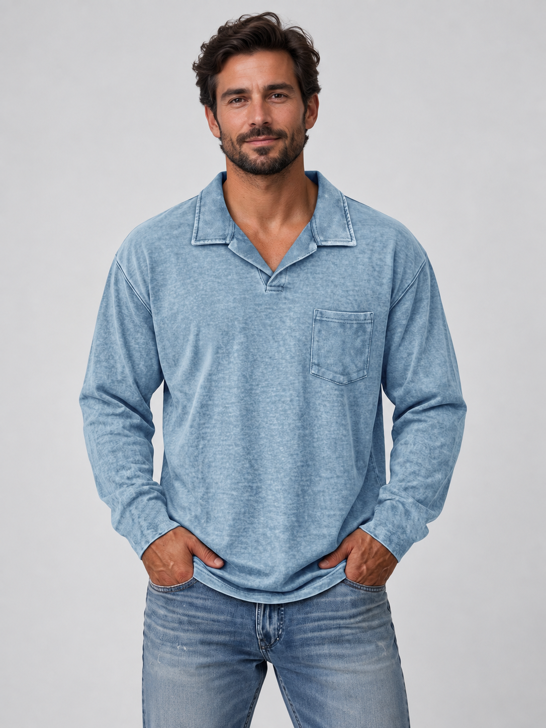 100% Cotton Vintage Washed Collared Pocket Pullover Long Sleeve Polo Shirt