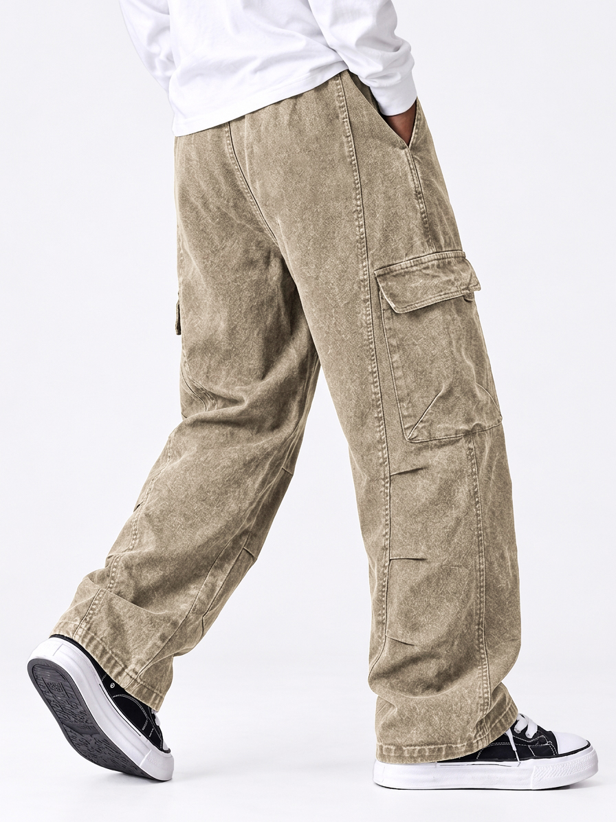 Men's 100% Cotton Washed Distressed Heavy-Duty Straight Leg Pants