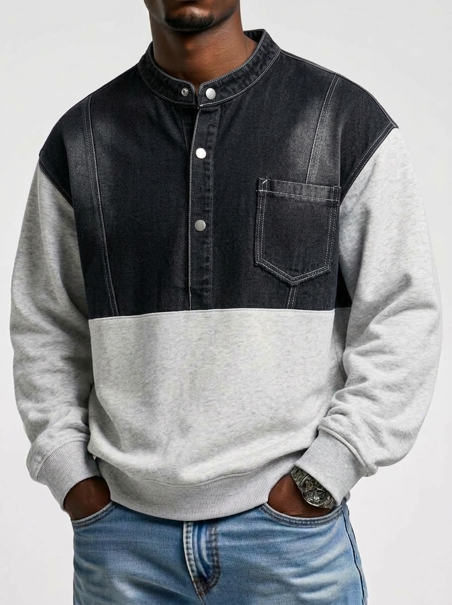 Men's Long Sleeve Sweatshirt with Denim Patchwork Design