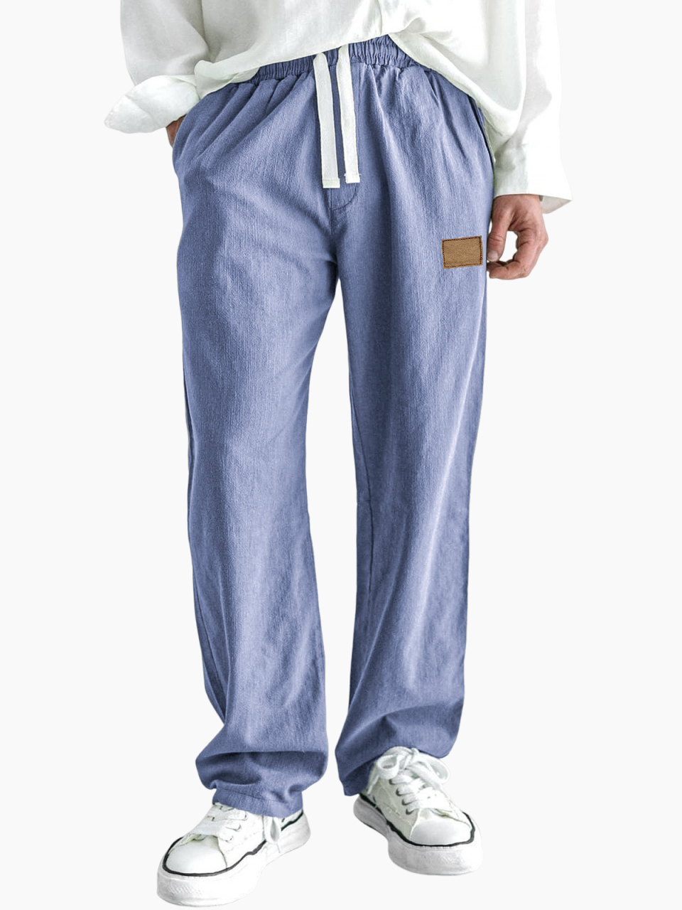 Men's Comfort Linen Embroidered Logo Casual Lace-Up Everyday Trousers with Side Pockets