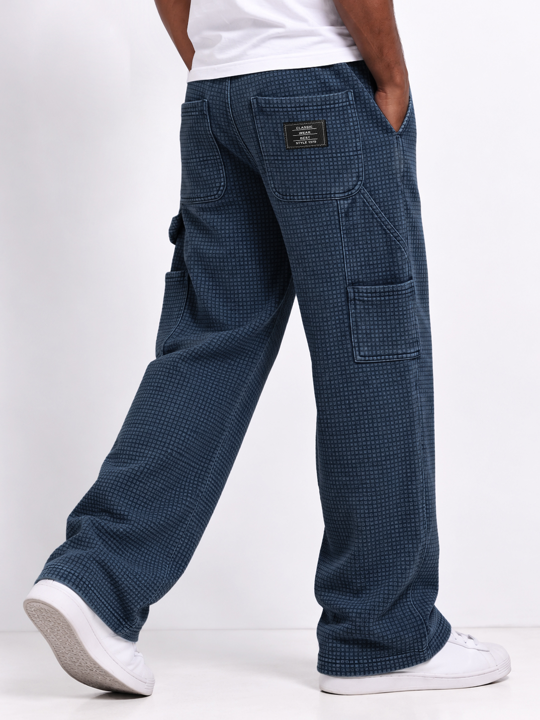 Men's Autumn Vintage Washed Distressed Waffle Knit Multi-Pocket Straight-Leg Pants
