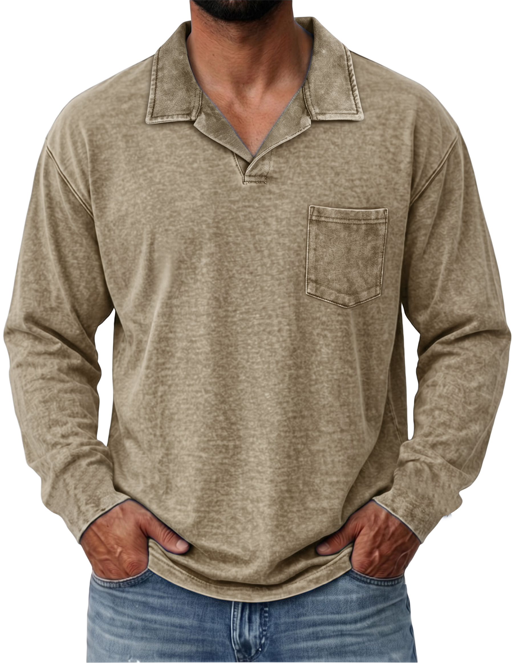 100% Cotton Vintage Washed Collared Pocket Pullover Long Sleeve Polo Shirt