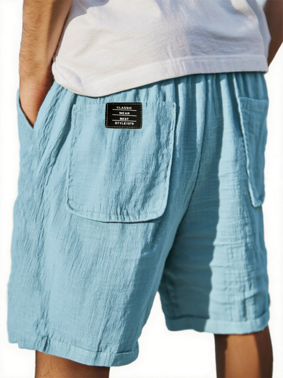 Men's Crinkled Linen Multi-Pocket Embroidered Label Comfort Shorts