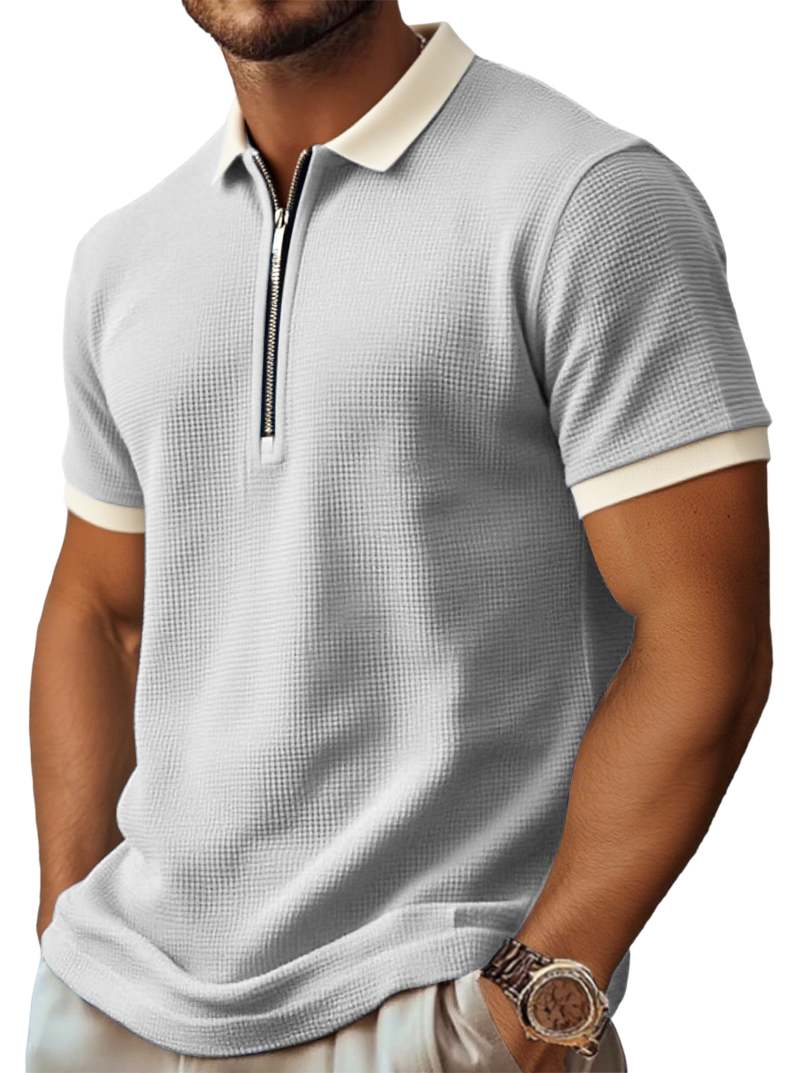 Men's Retro And Stylish Waffle Fabric With A Contrasting Zip-up Polo Shirt
