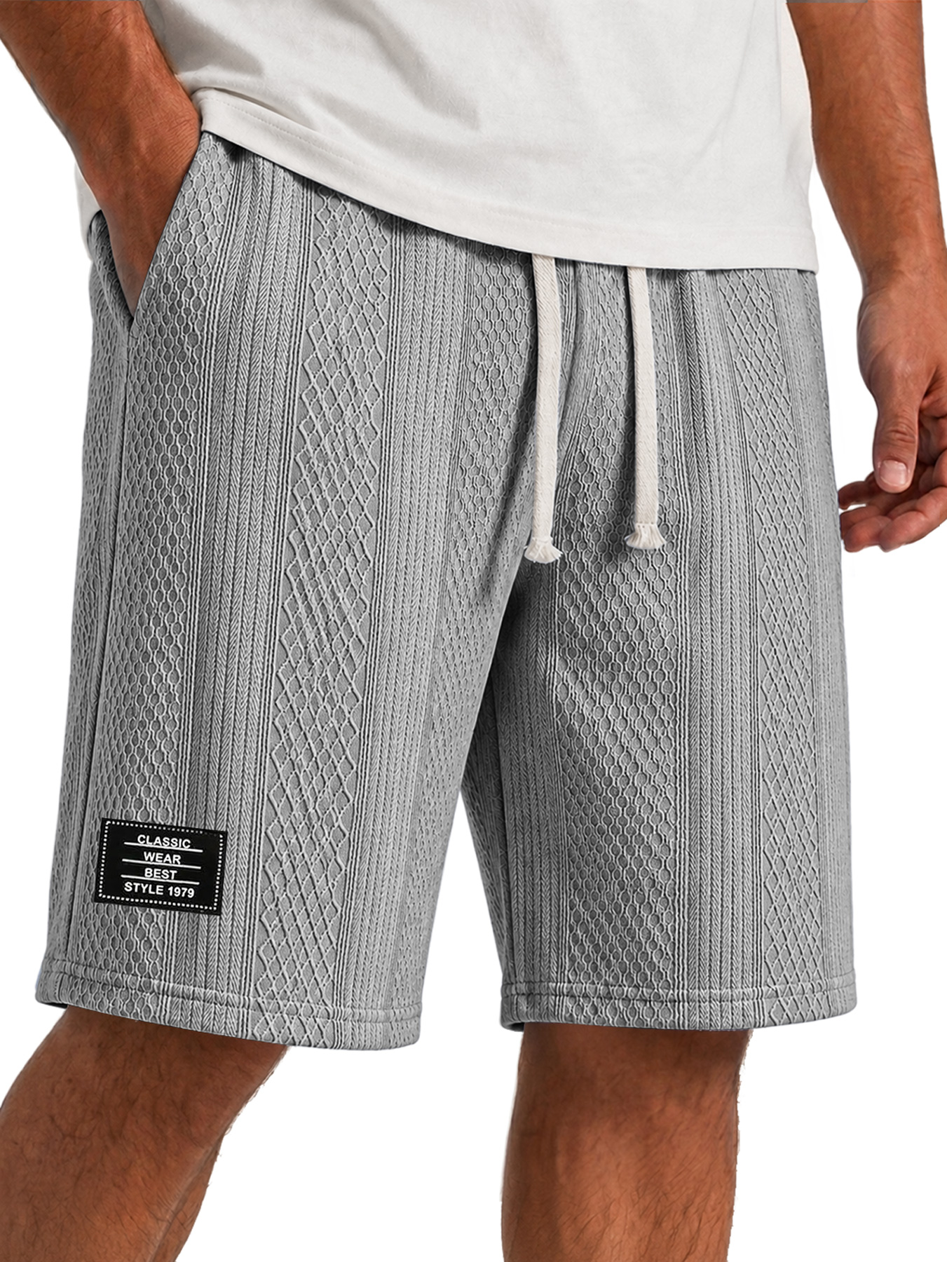 Men's Solid-Color Casual Shorts with Textured Embroidered Logo and Elastic Waist
