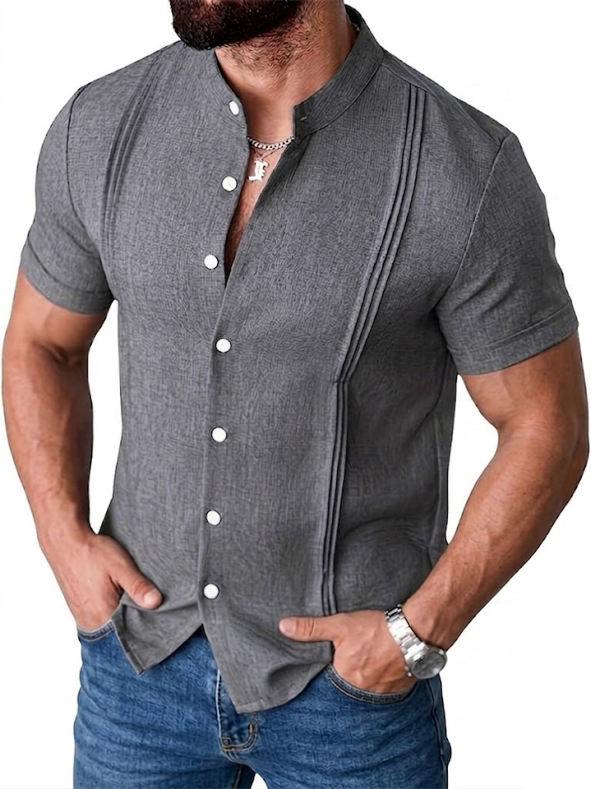 Men's Cotton and Linen Deconstructed Stand-up Collar Shirt