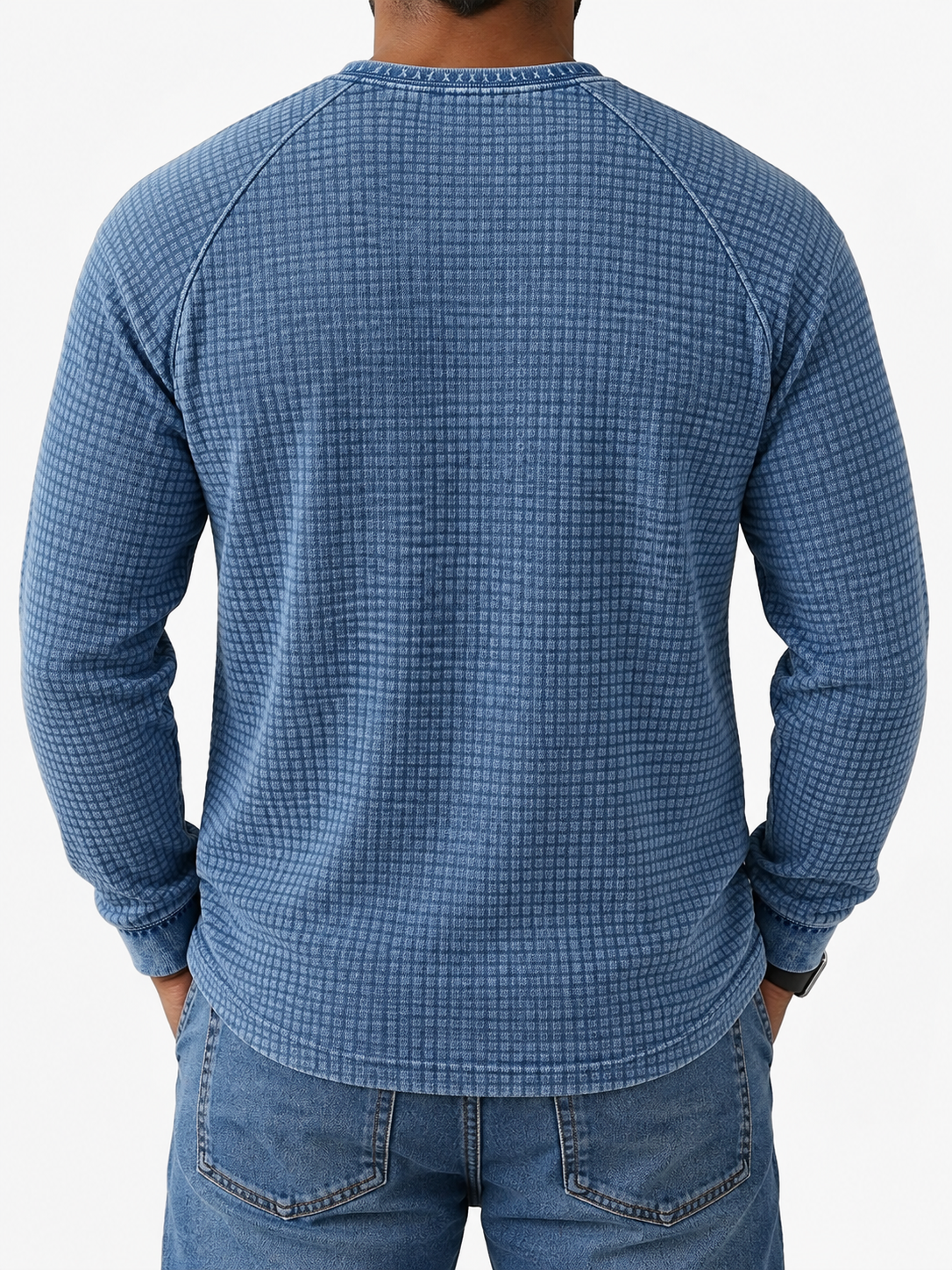 Men's Vintage Washed Distressed Waffle Knit Long-Sleeve Henley Shirt