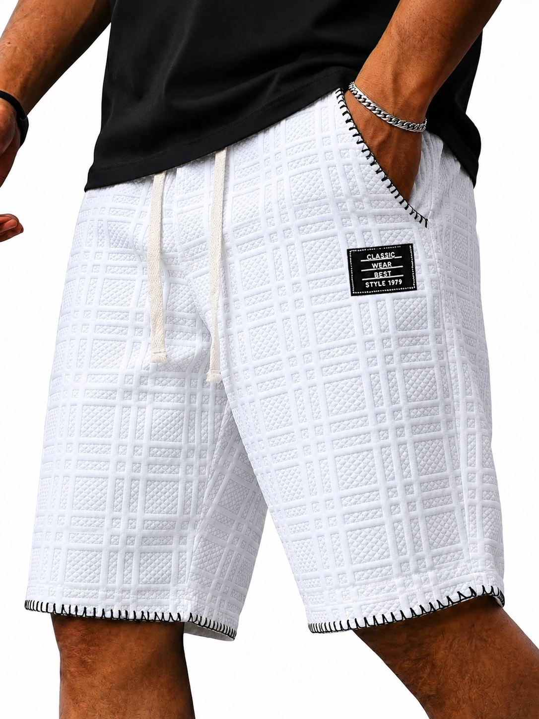 Jacquard Plaid Textured Embroidered Logo Casual Shorts