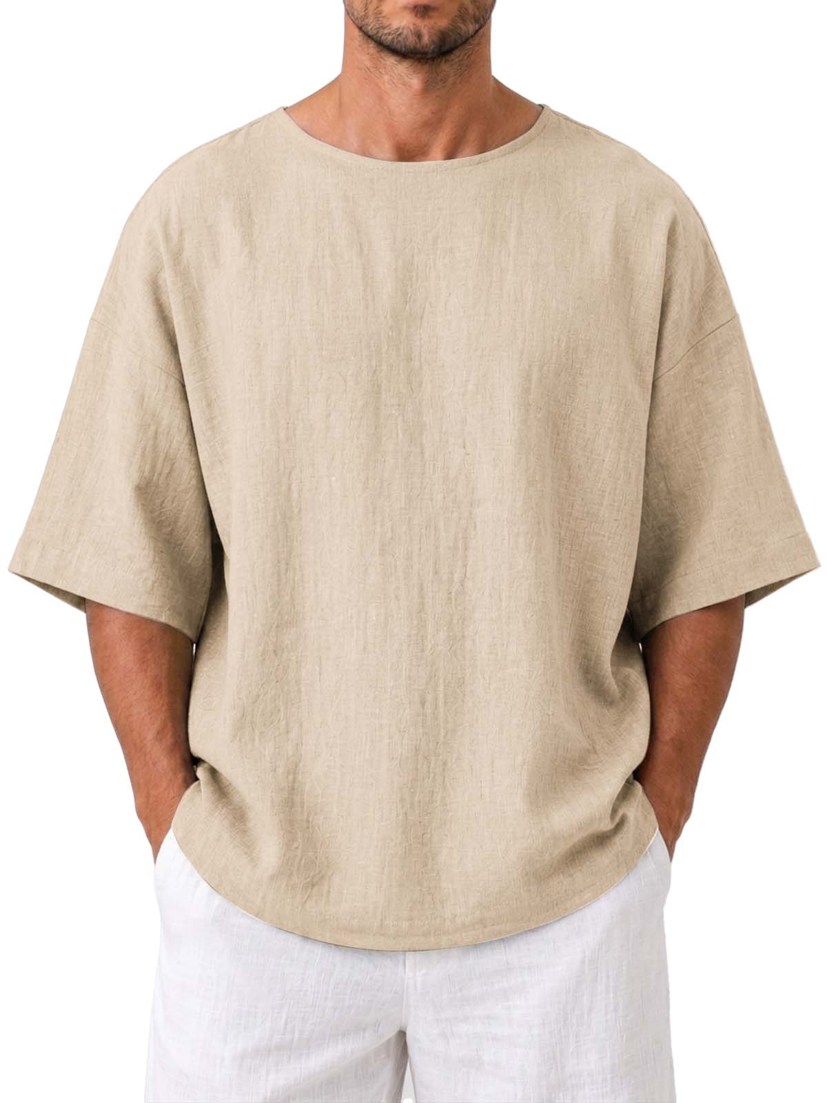 Cotton Linen Round Neck Loose Fit Casual Short Sleeve Top