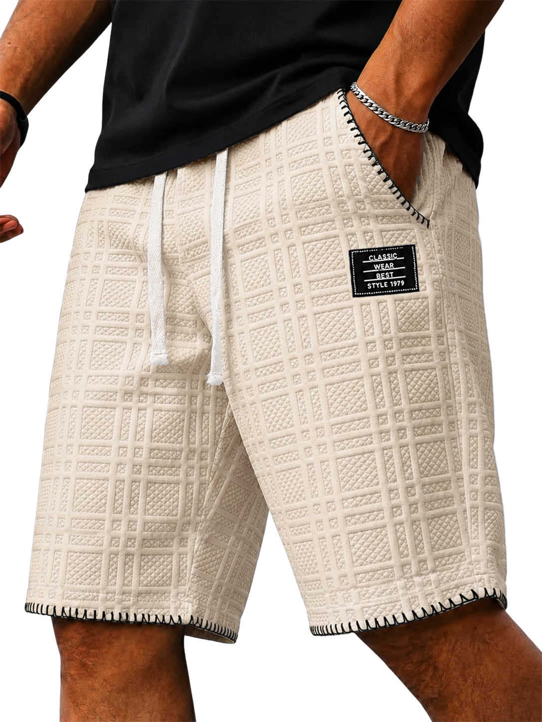 Jacquard Plaid Textured Embroidered Logo Casual Shorts