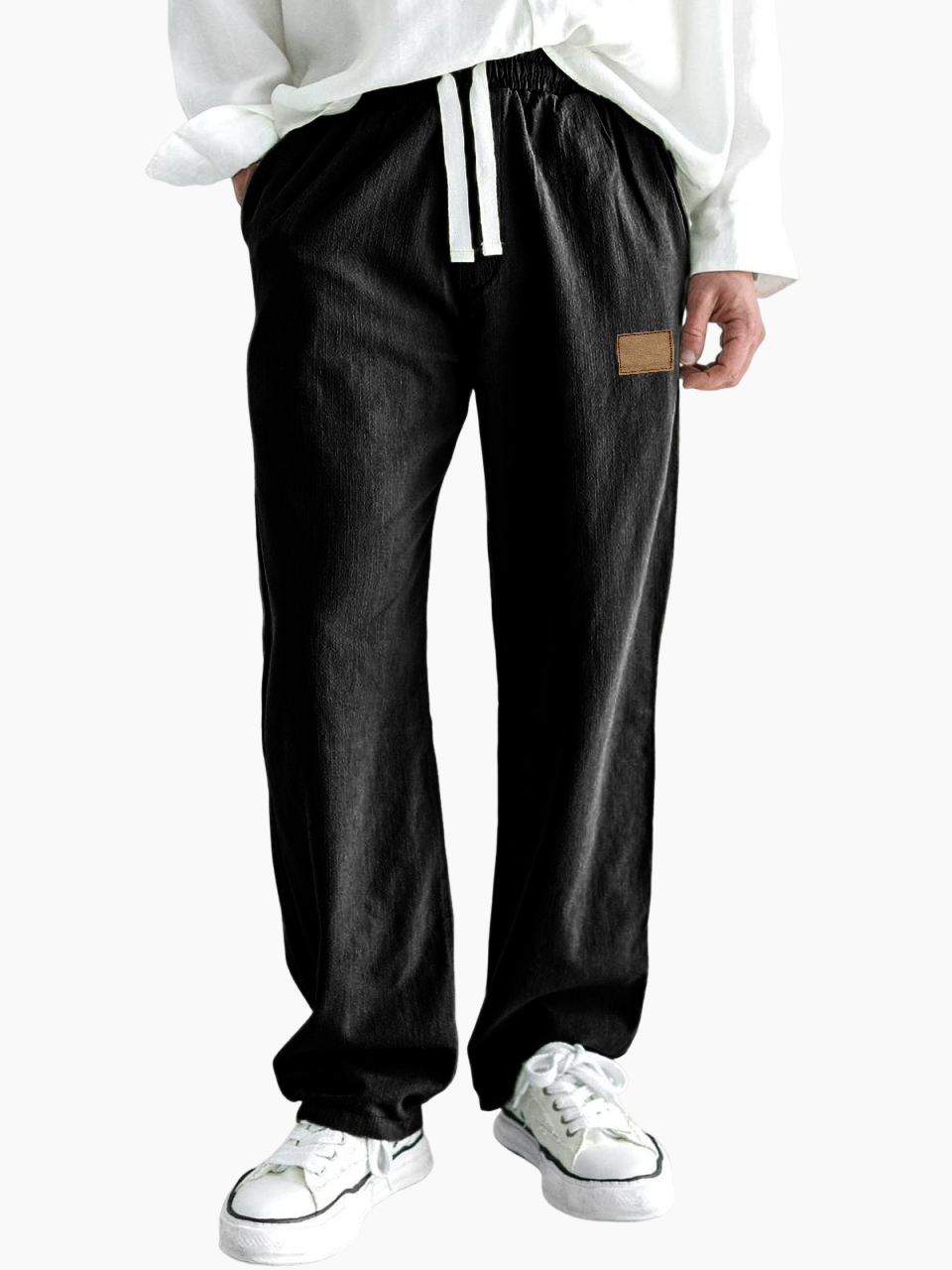 Men's Comfort Linen Embroidered Logo Casual Lace-Up Everyday Trousers with Side Pockets