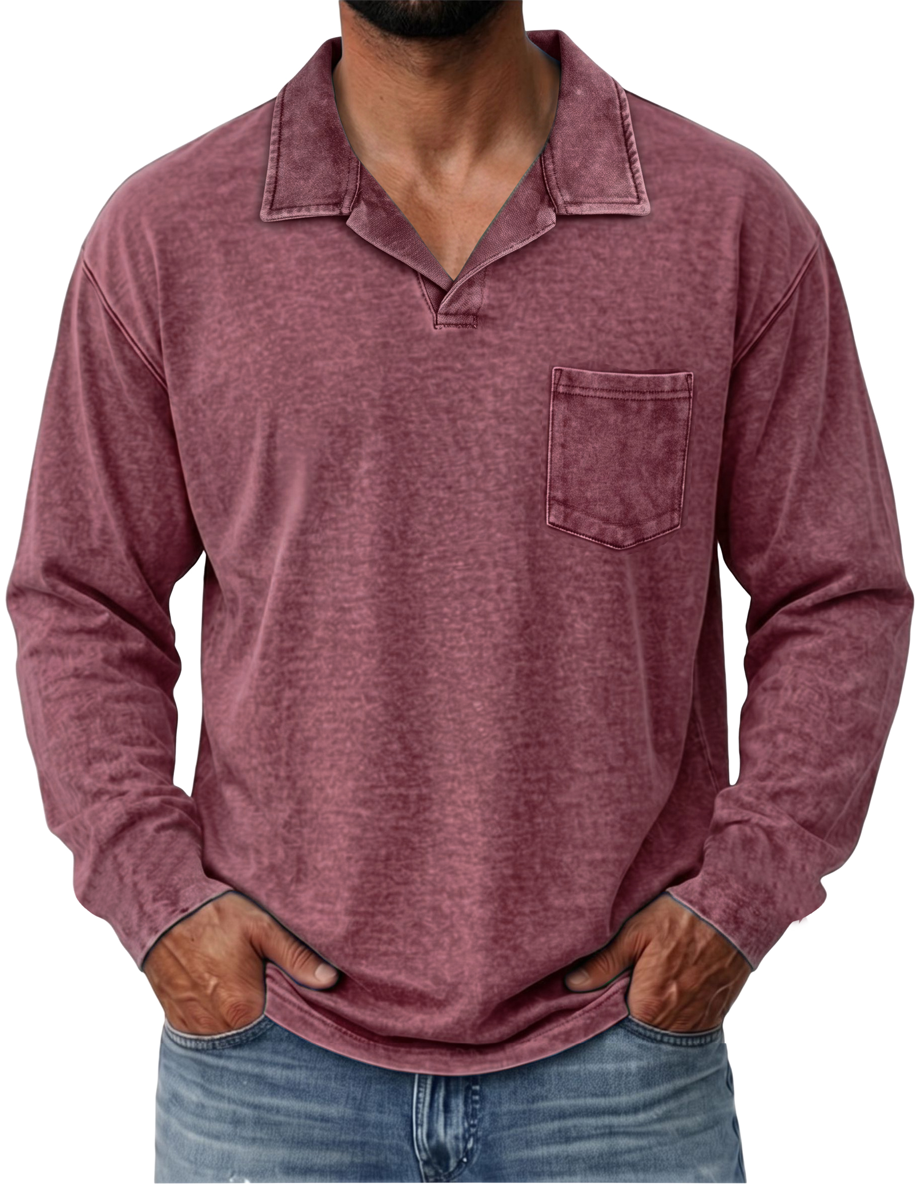 100% Cotton Vintage Washed Collared Pocket Pullover Long Sleeve Polo Shirt