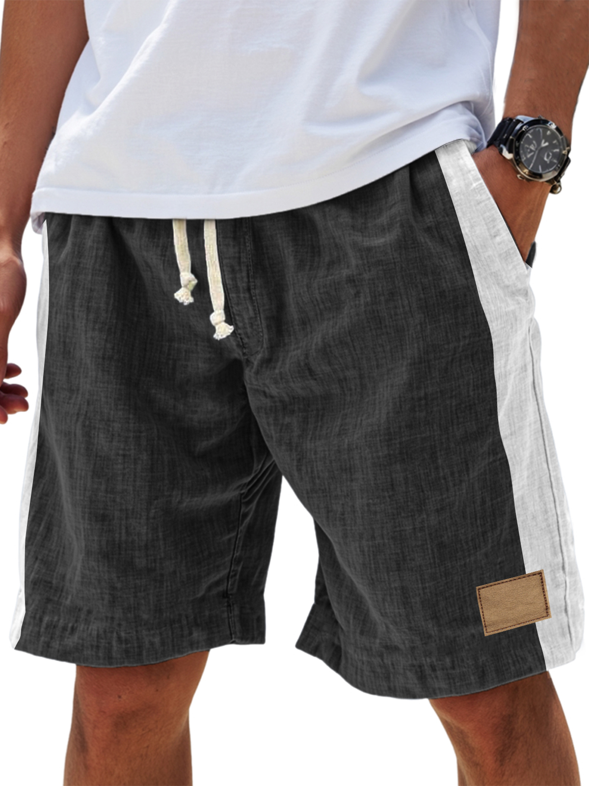 Men's Casual Breathable Linen Embroidered Logo Loose Fitting Vacation Color Blocked Shorts