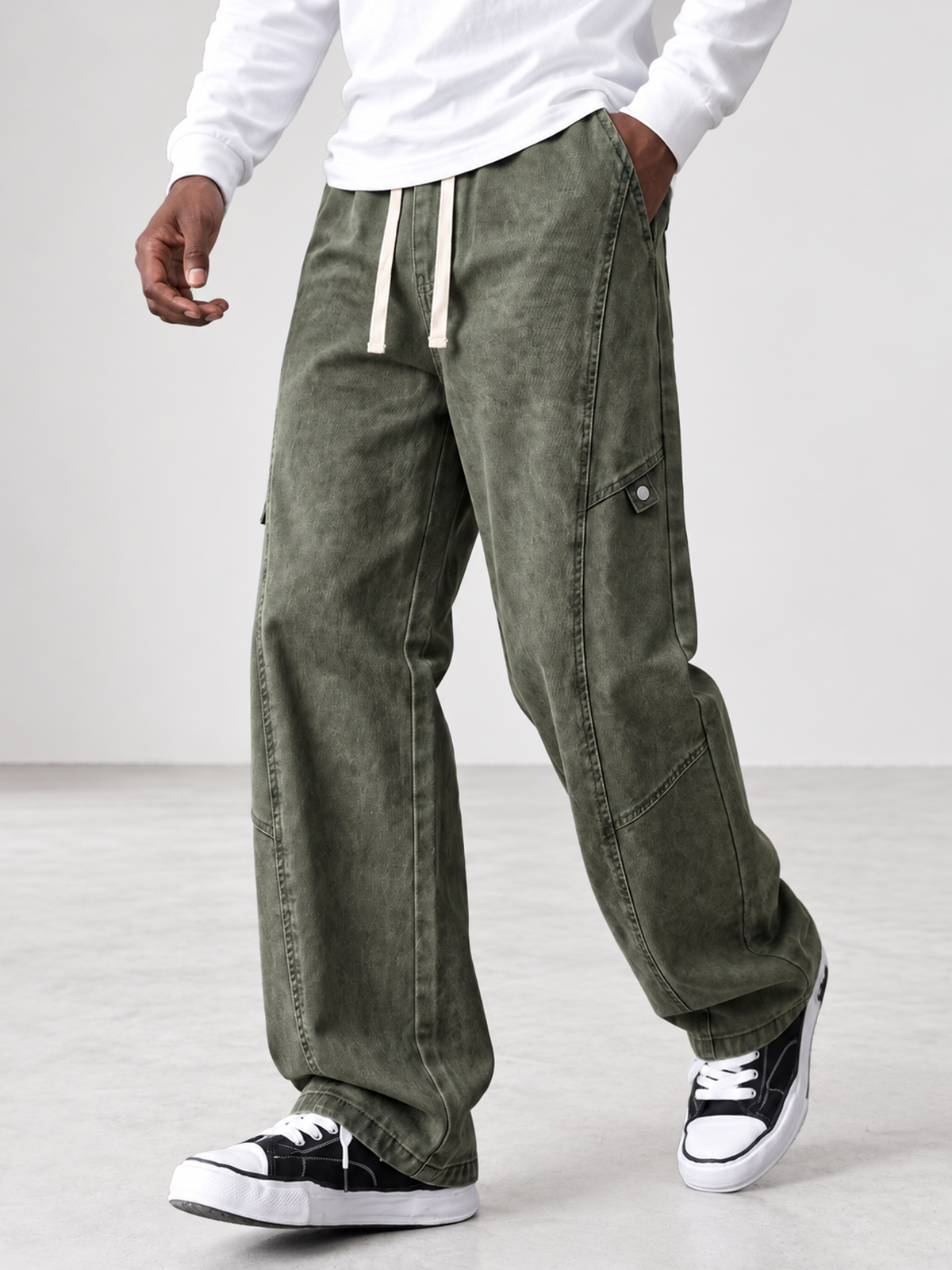 Men's 100% Cotton Vintage-Washed Straight-Leg Pants with Seam Detailing