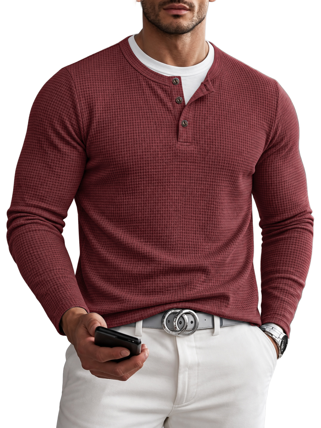 Men's Waffle Fake Two-Piece Henley Shirt