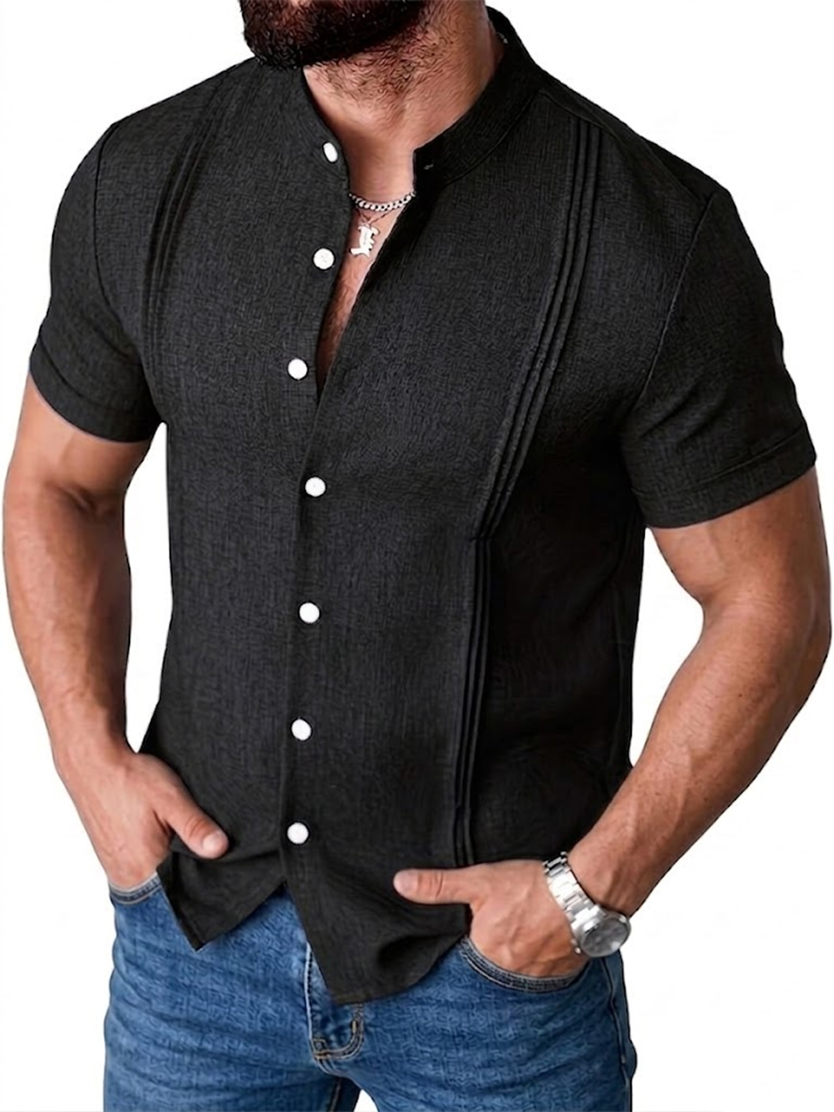 Men's Cotton and Linen Deconstructed Stand-up Collar Shirt