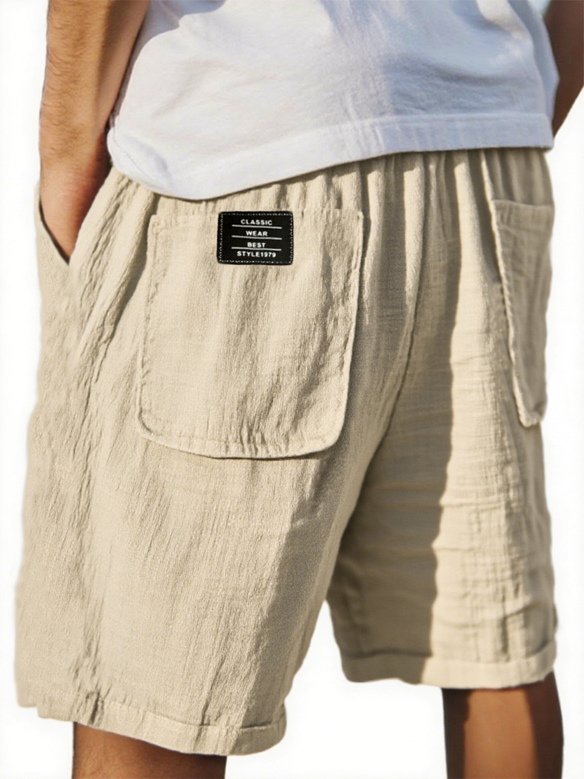 Men's Crinkled Linen Multi-Pocket Embroidered Label Comfort Shorts