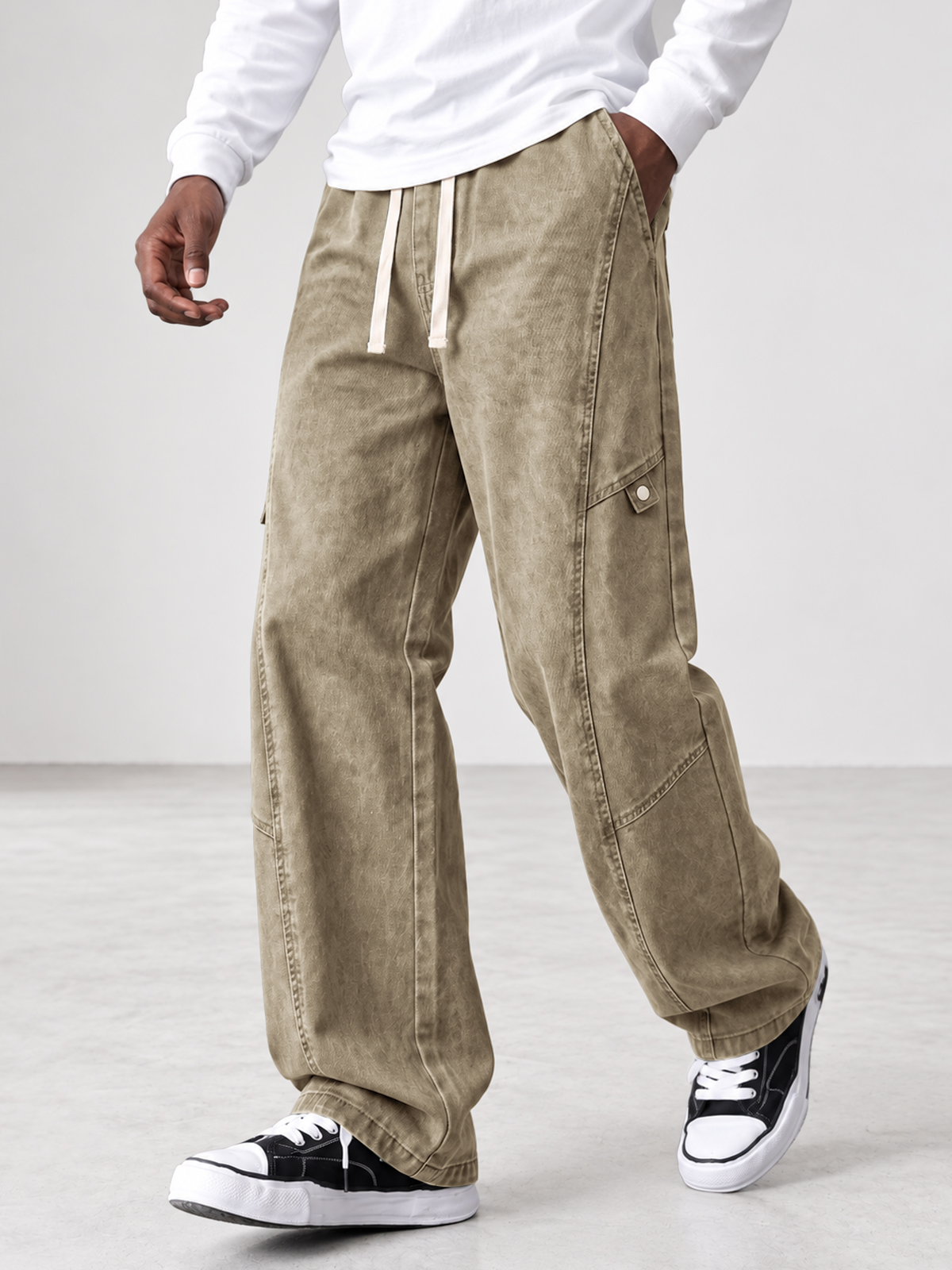 Men's 100% Cotton Vintage-Washed Straight-Leg Pants with Seam Detailing
