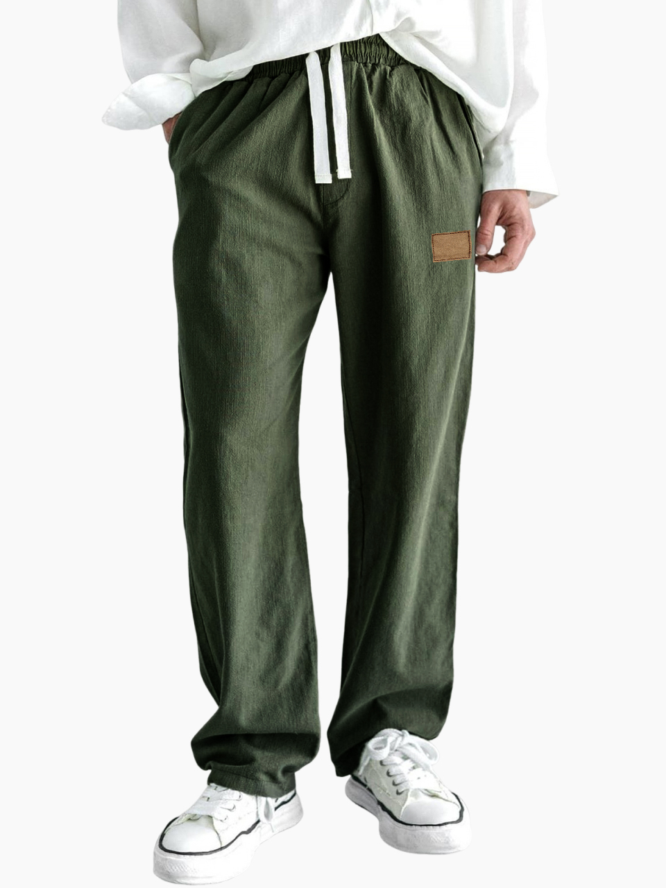 Men's Comfort Linen Embroidered Logo Casual Lace-Up Everyday Trousers with Side Pockets