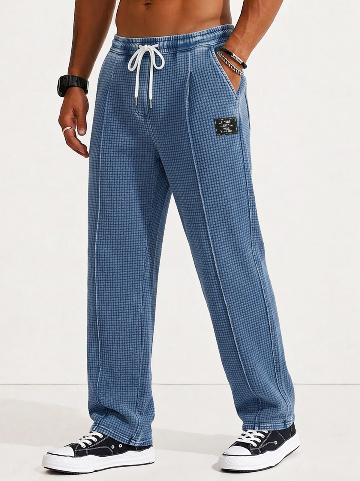 Men's Retro Distressed Waffle Knit Loose Casual Straight Leg Pants