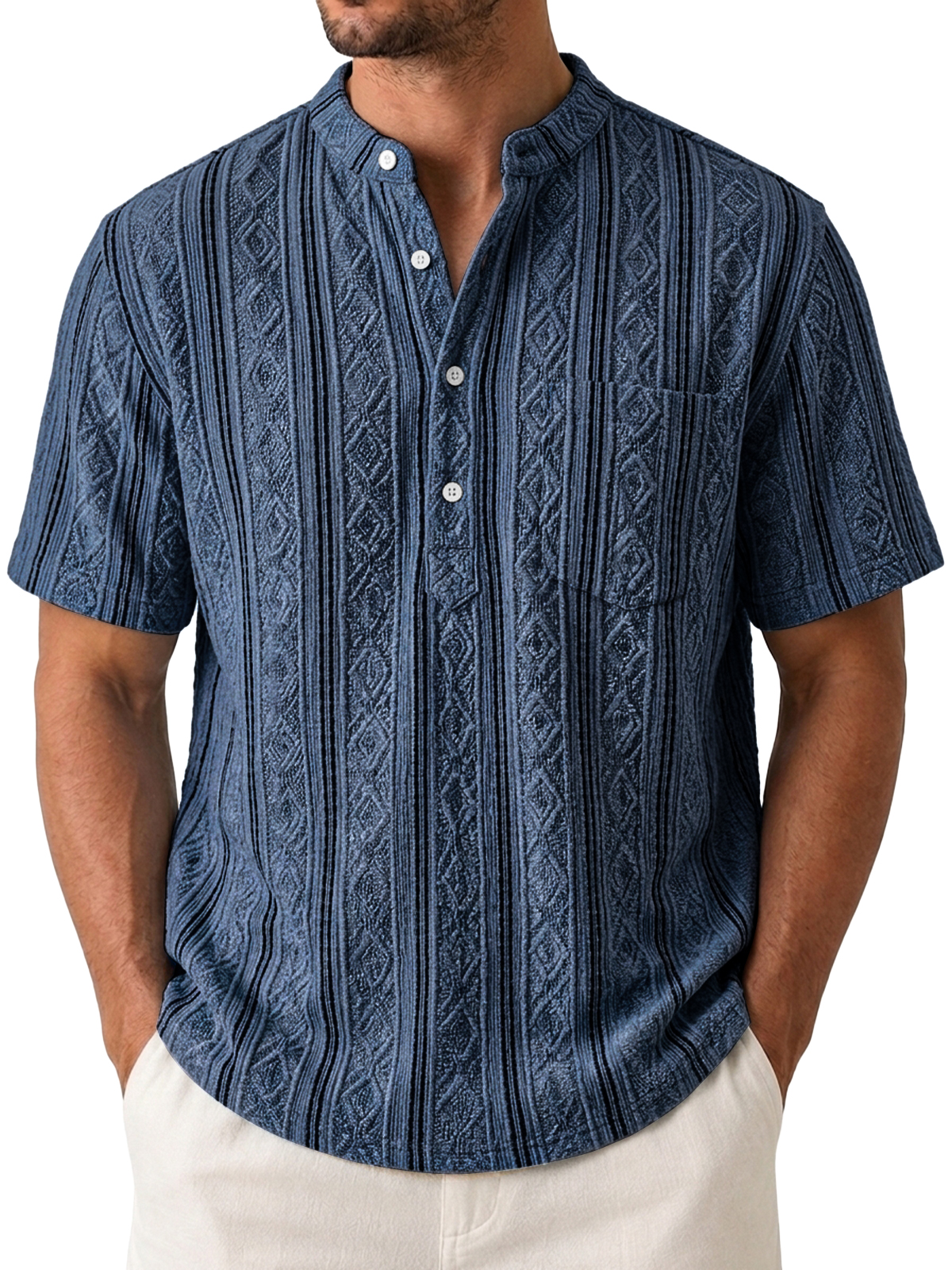 Men's Casual Jacquard Textured Breathable Short Sleeve Henley Shirt