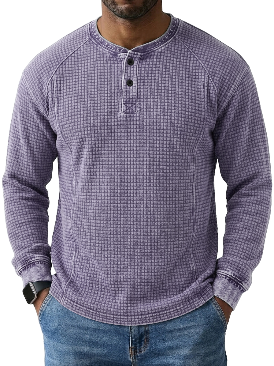 Men's Vintage Washed Distressed Waffle Knit Long-Sleeve Henley Shirt