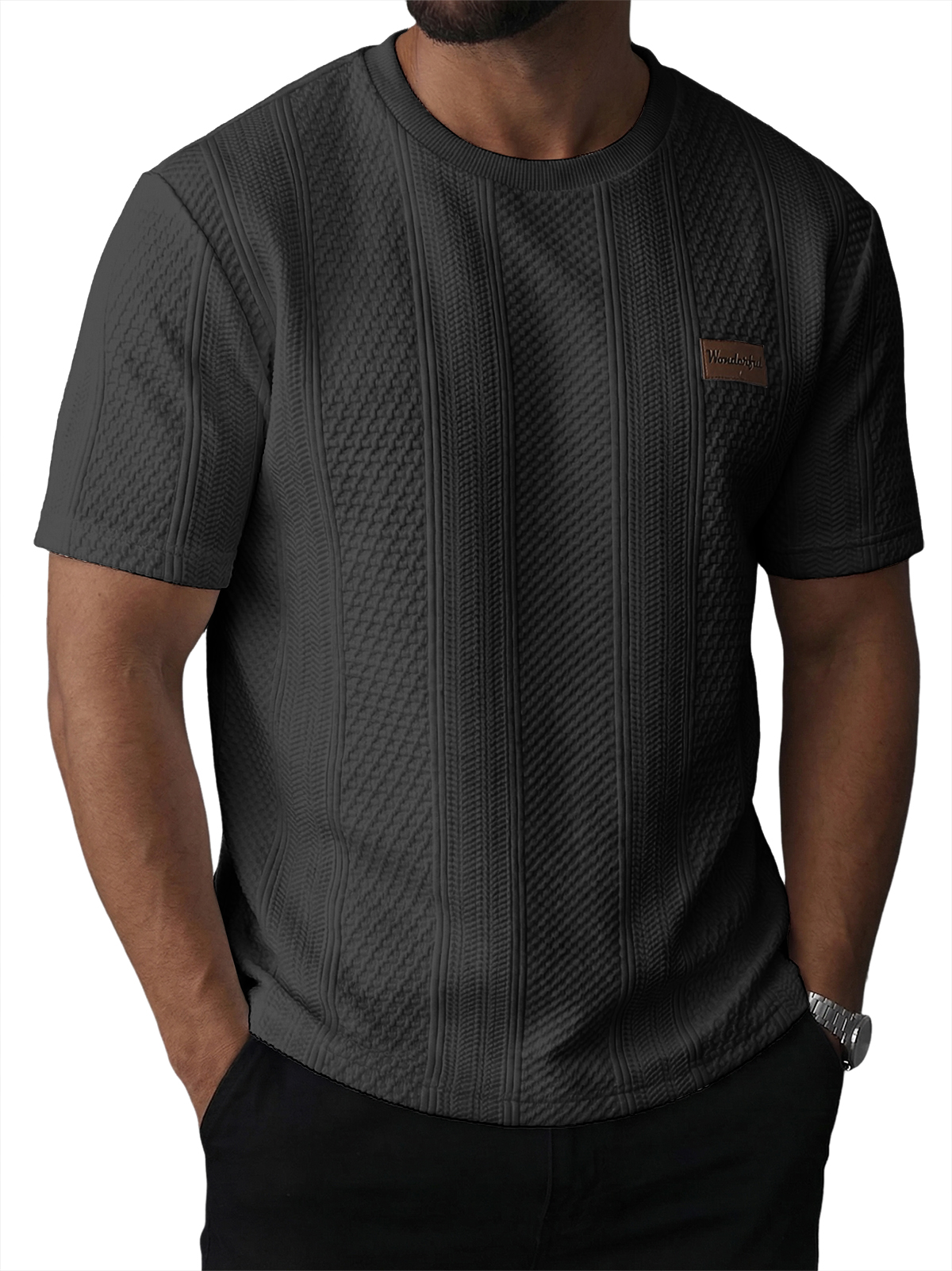 Men's Striped Jacquard Textured Casual Crew Neck Short-Sleeve T-Shirt