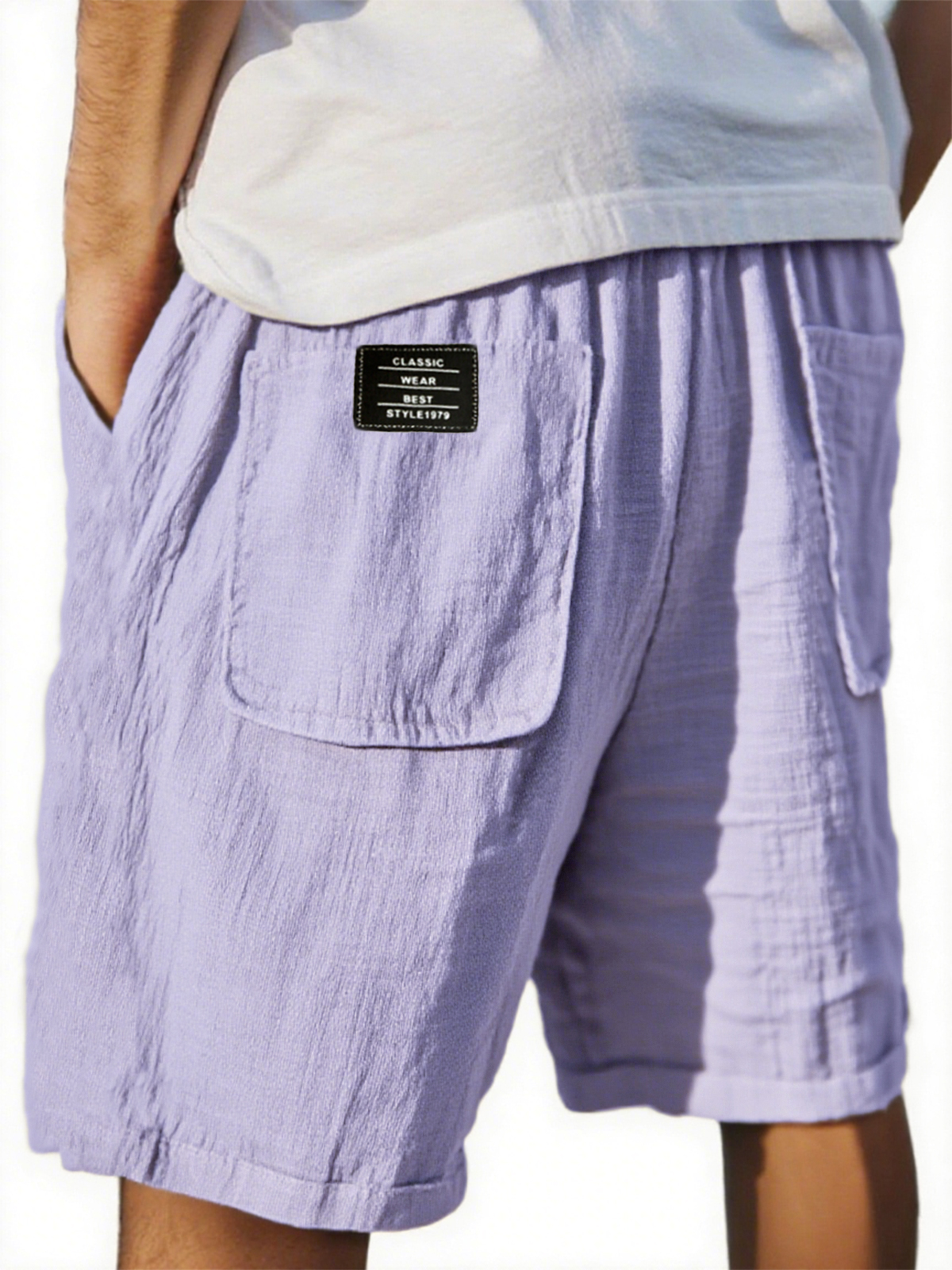 Men's Crinkled Linen Multi-Pocket Embroidered Label Comfort Shorts