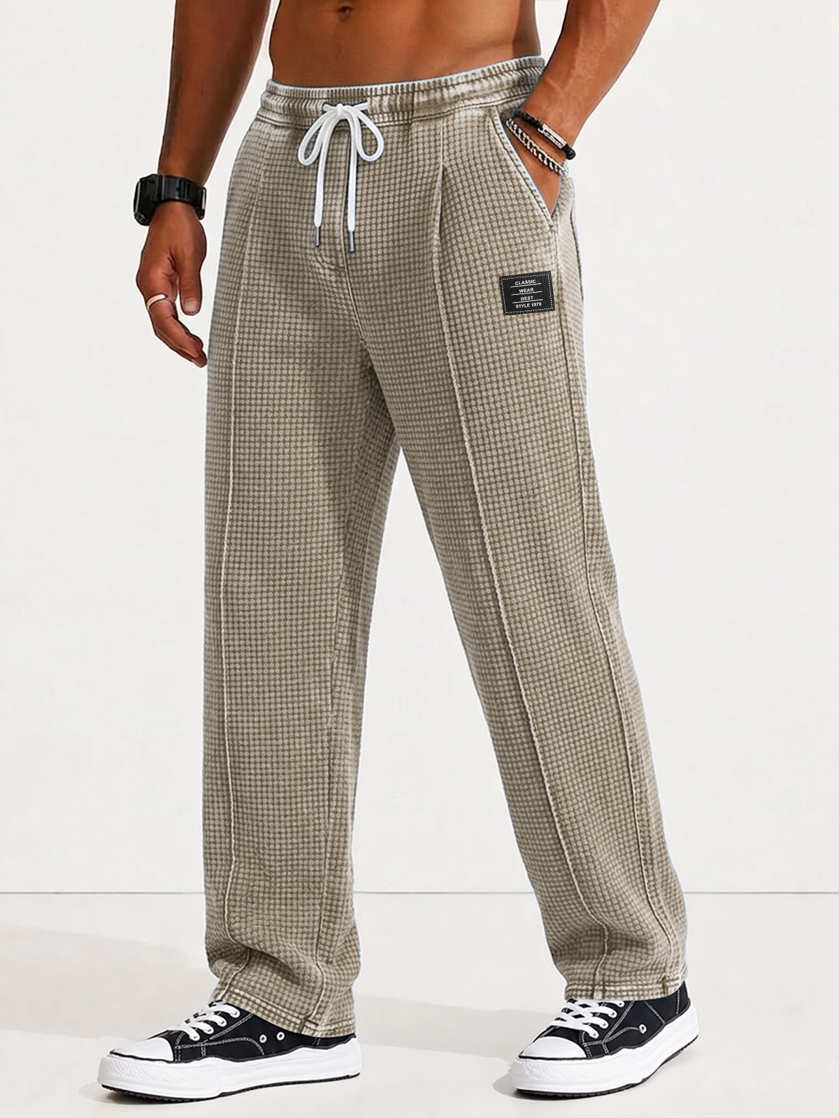 Men's Retro Distressed Waffle Knit Loose Casual Straight Leg Pants