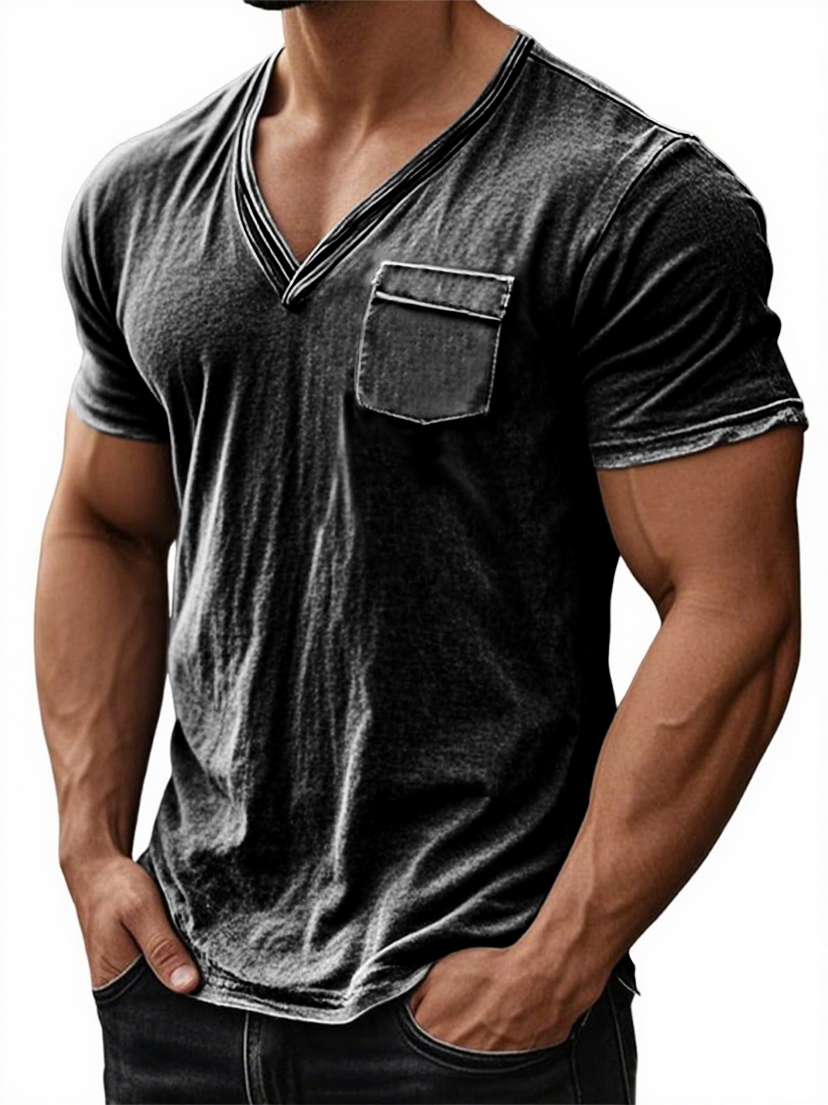 Men's Stylish Distressed V-neck Skin-friendly Everyday Short-sleeved T-shirt with Chest Pocket