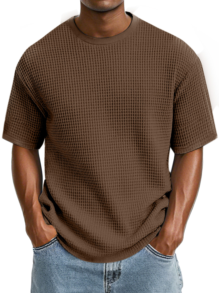 Men's Casual Simple Cotton Waffle Round Neck Short Sleeve T-Shirt