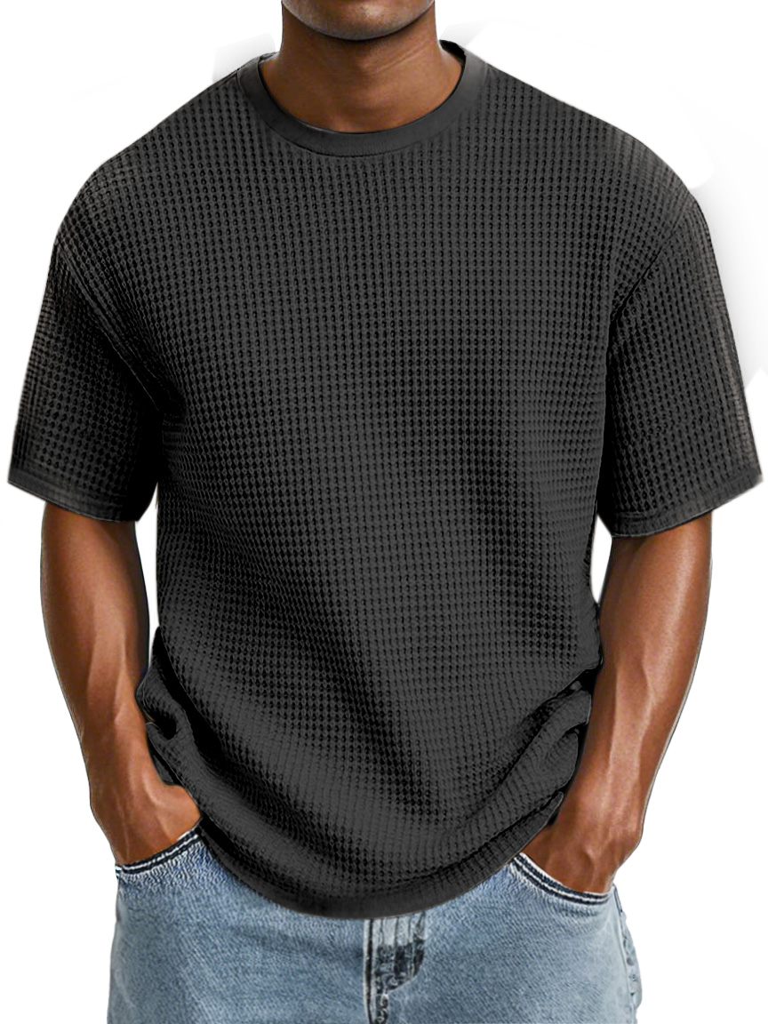 Men's Casual Simple Cotton Waffle Round Neck Short Sleeve T-Shirt