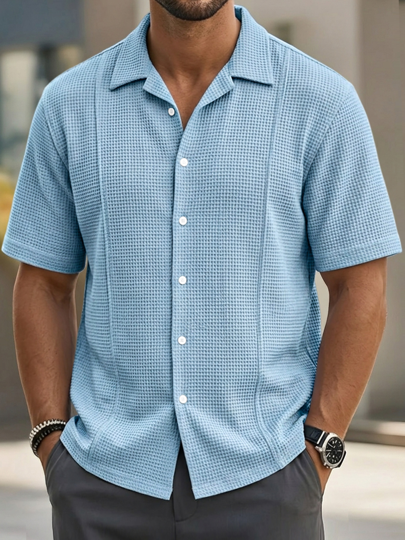 Men's waffle-knit deconstructed casual short-sleeved shirt