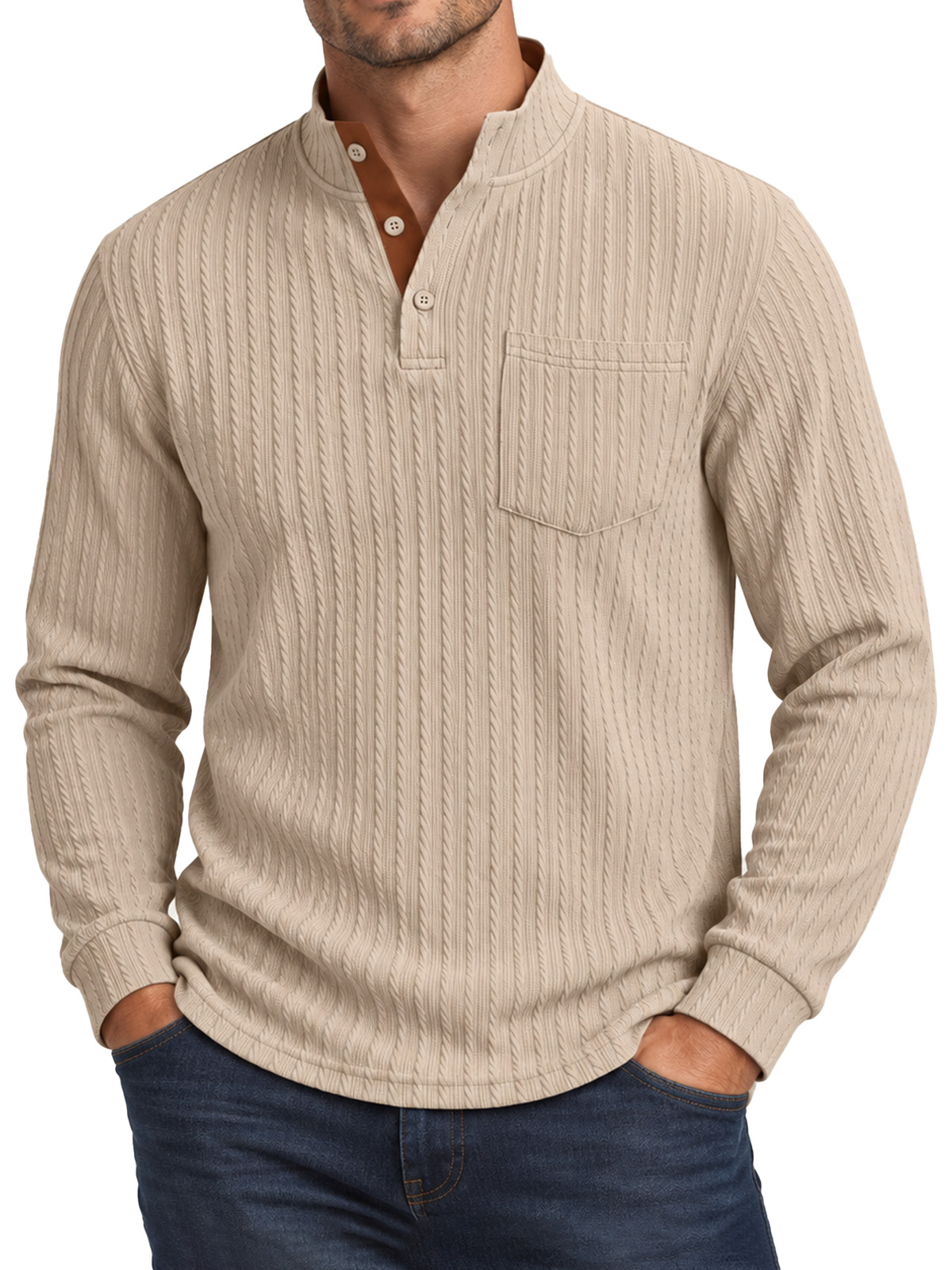 Men's American-Style Textured Jacquard Henley Top